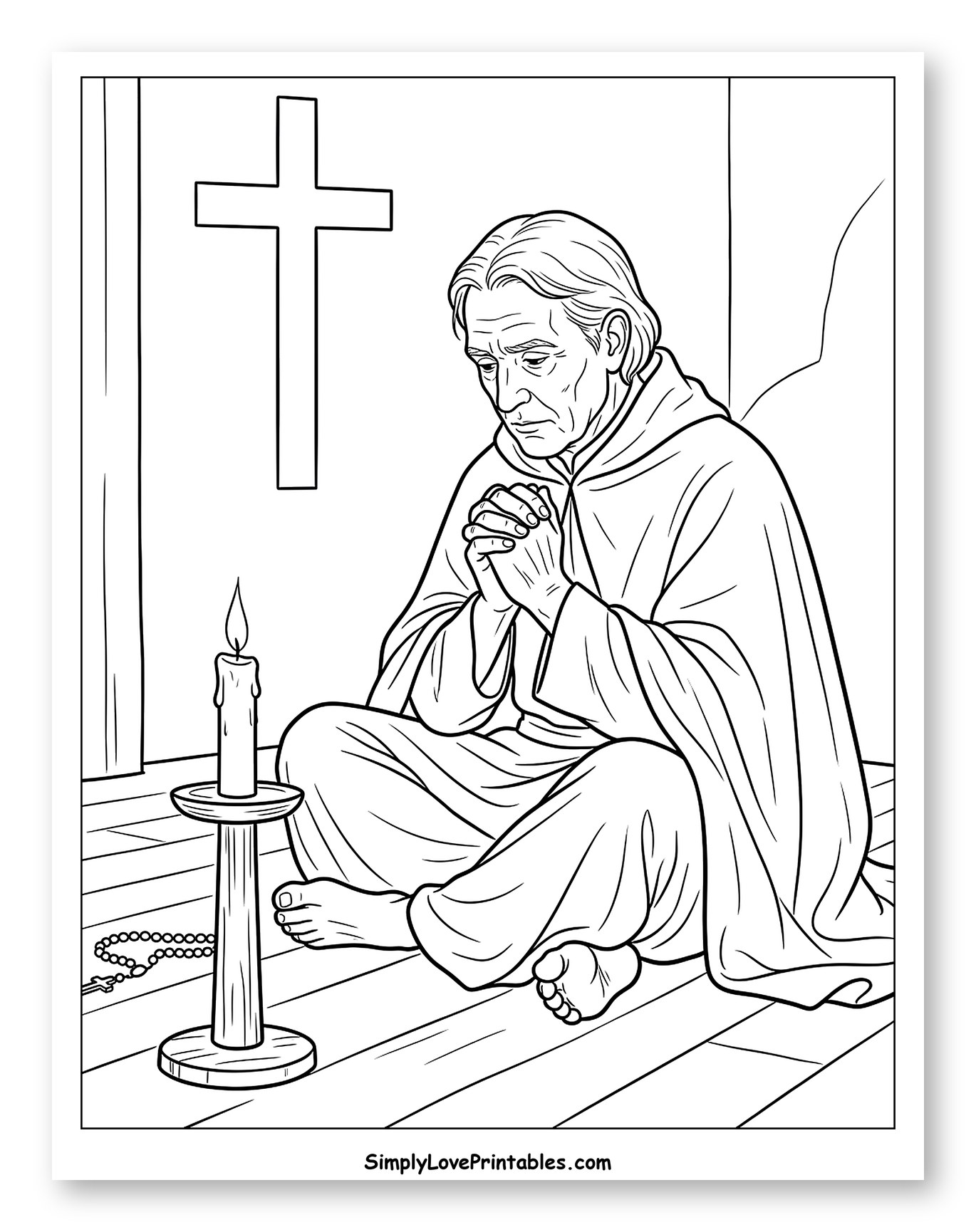 Elderly Man Praying by Candle and Cross