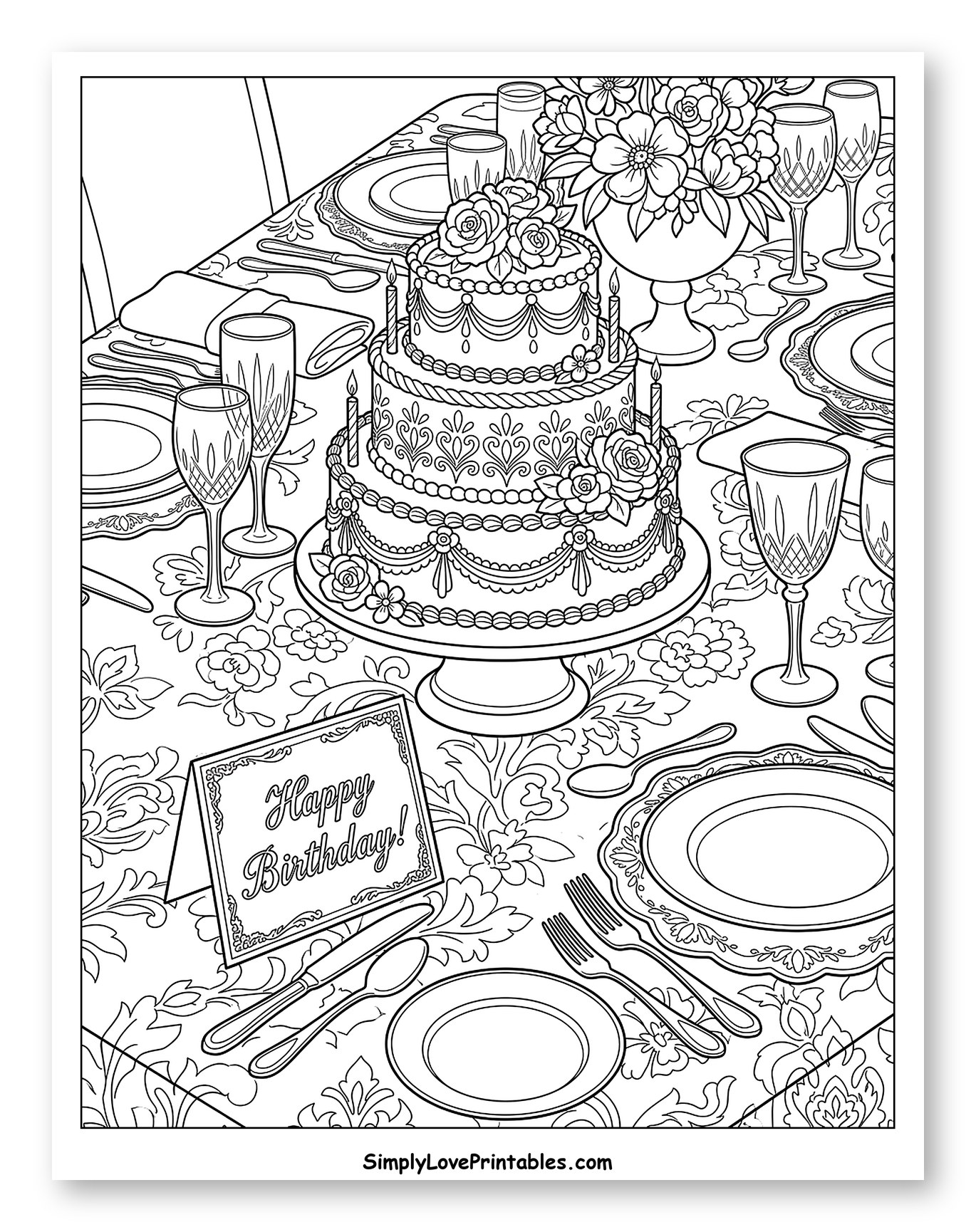 Elegant Birthday Cake and Festive Table Setting Coloring Page