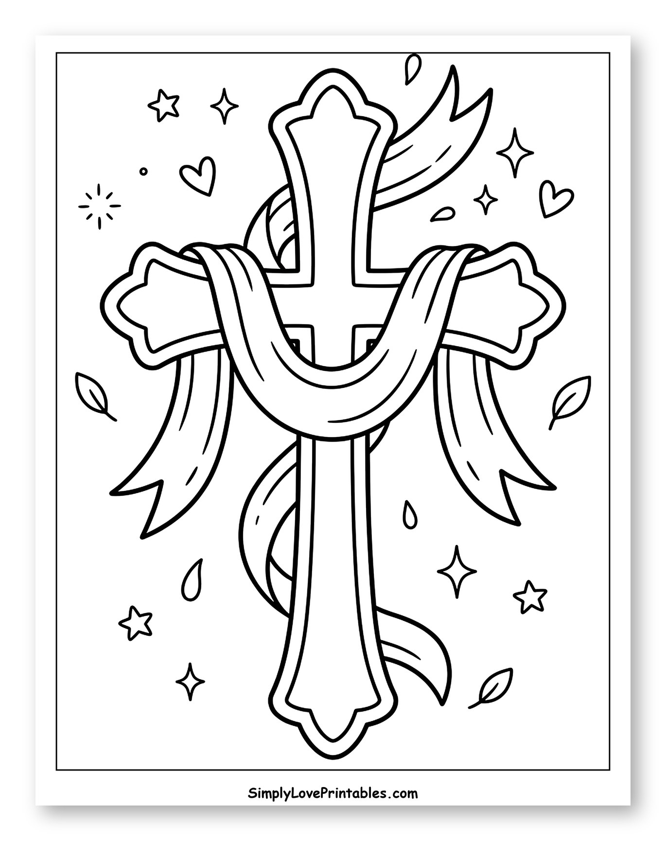 Elegant Cross Adorned with Ribbon Coloring Sheet for Adults