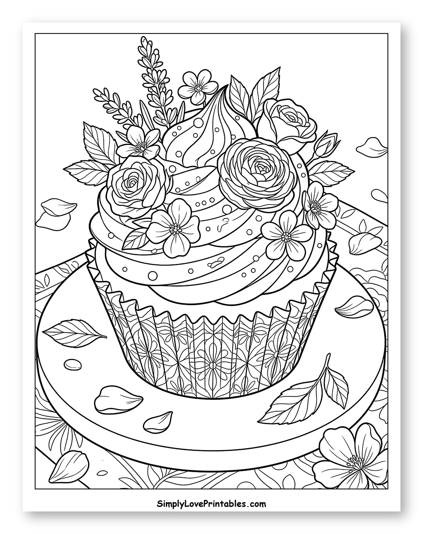 Elegant Cupcake Adorned with Floral Decor to Color