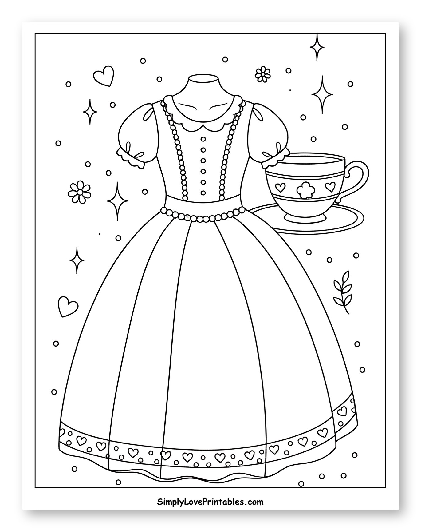 Elegant Dress and Teacup with Hearts and Stars to Color for Adults
