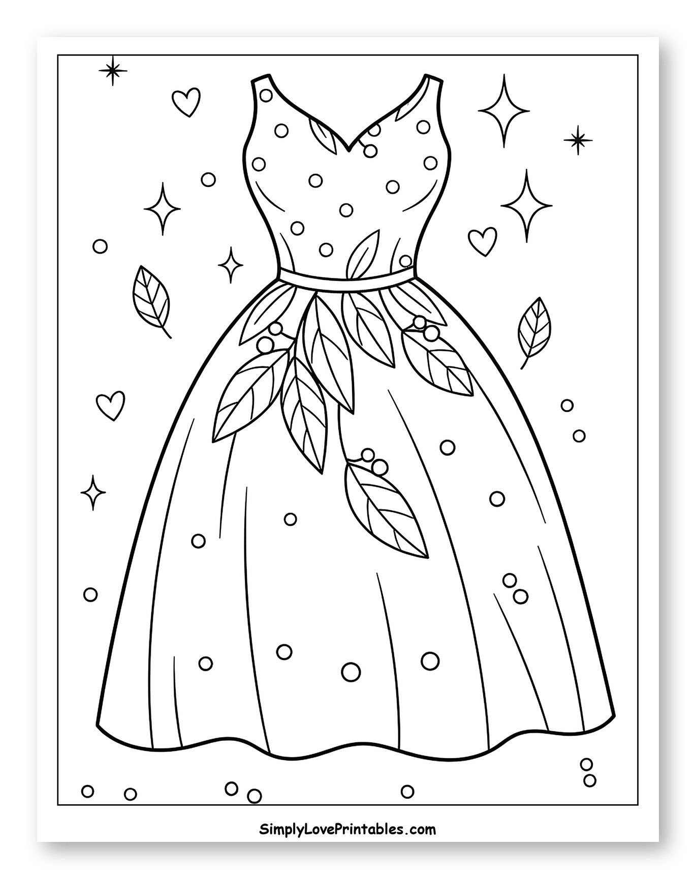 Elegant Dress with Leaves and Sparkles to Color for Adults