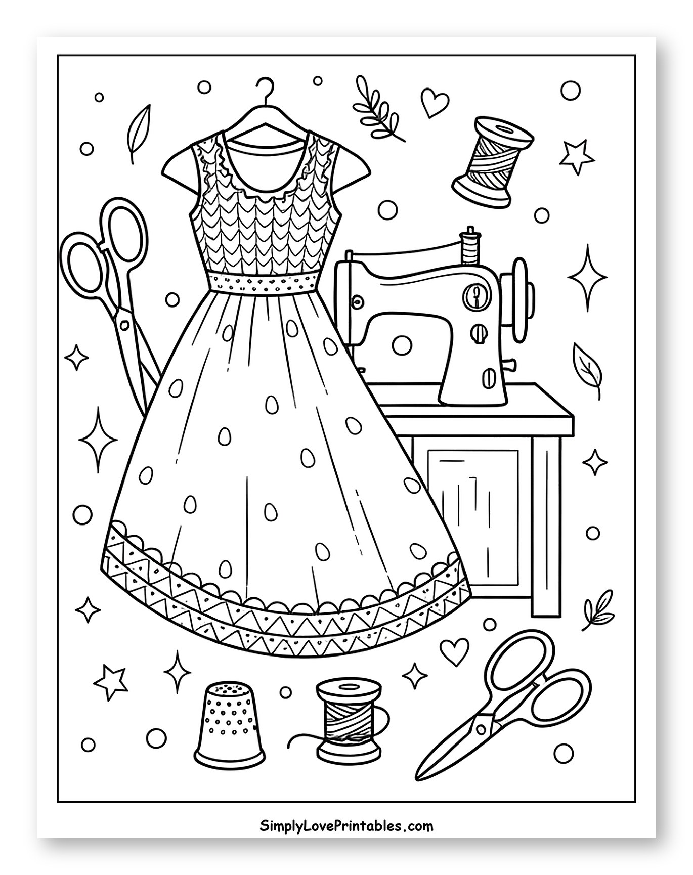 Elegant Dress with Sewing Machine and Tools to Color for Adults