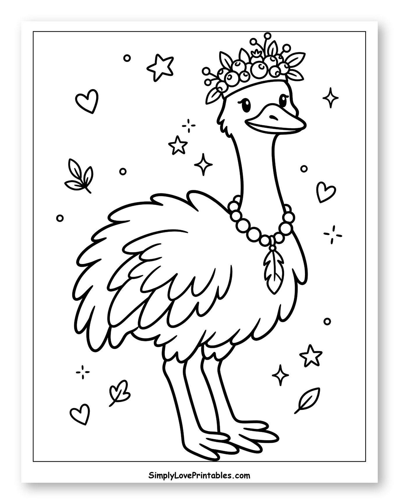 Elegant Emu with Crown and Beaded Necklace Coloring Sheet for Adults