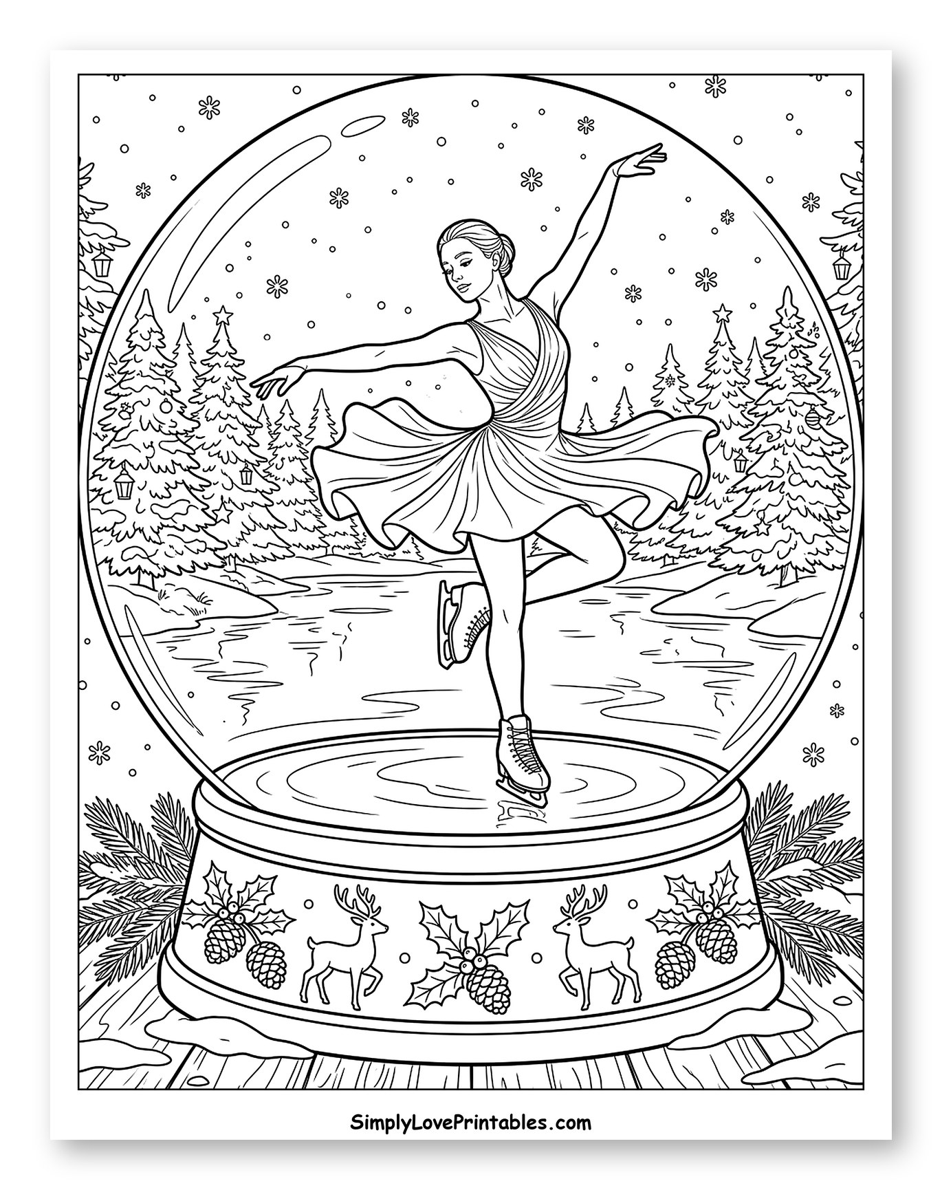 Elegant Figure Skater in a Winter Snow Globe Coloring Sheet
