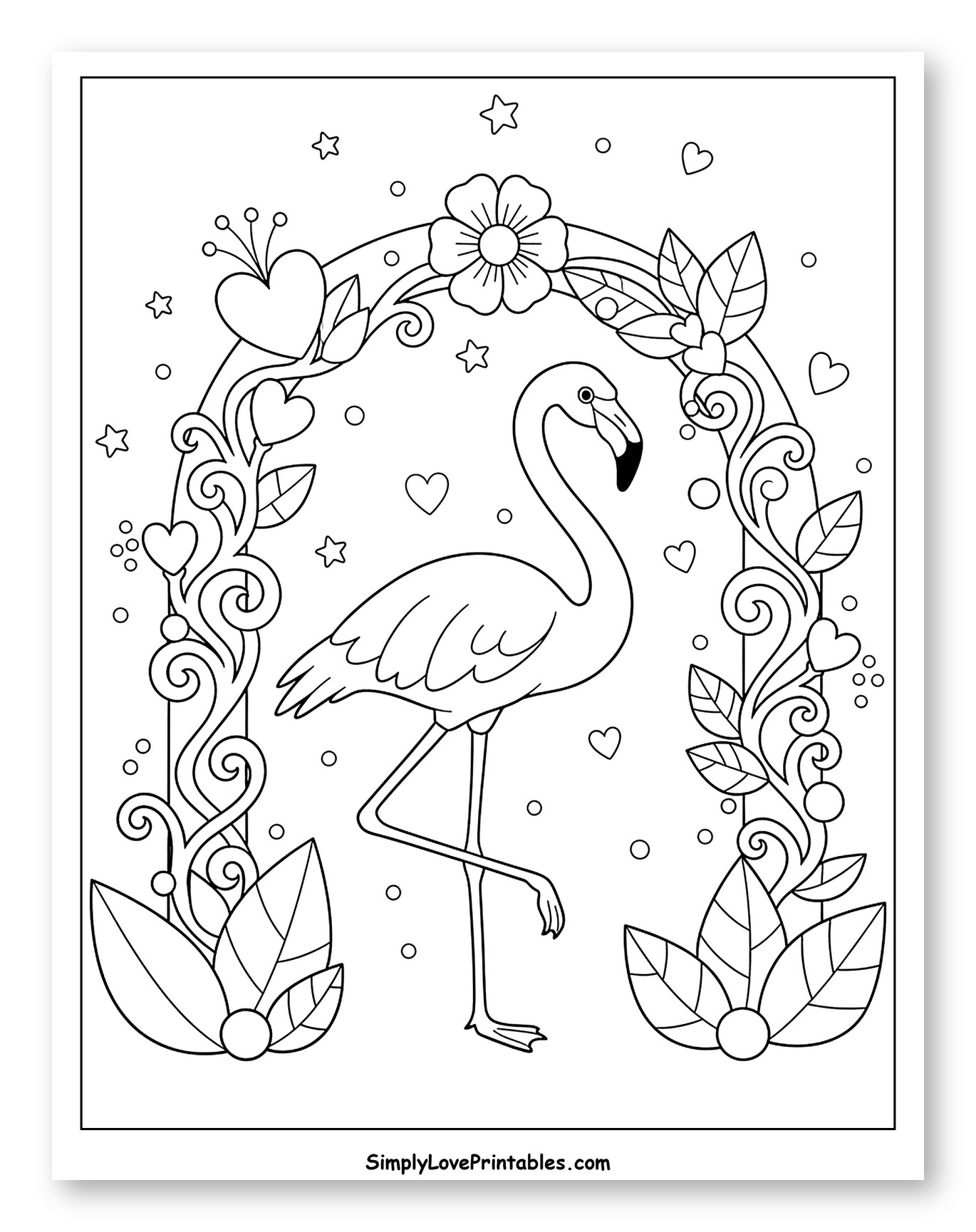 Elegant Flamingo in a Flowery Archway to Color for Adults
