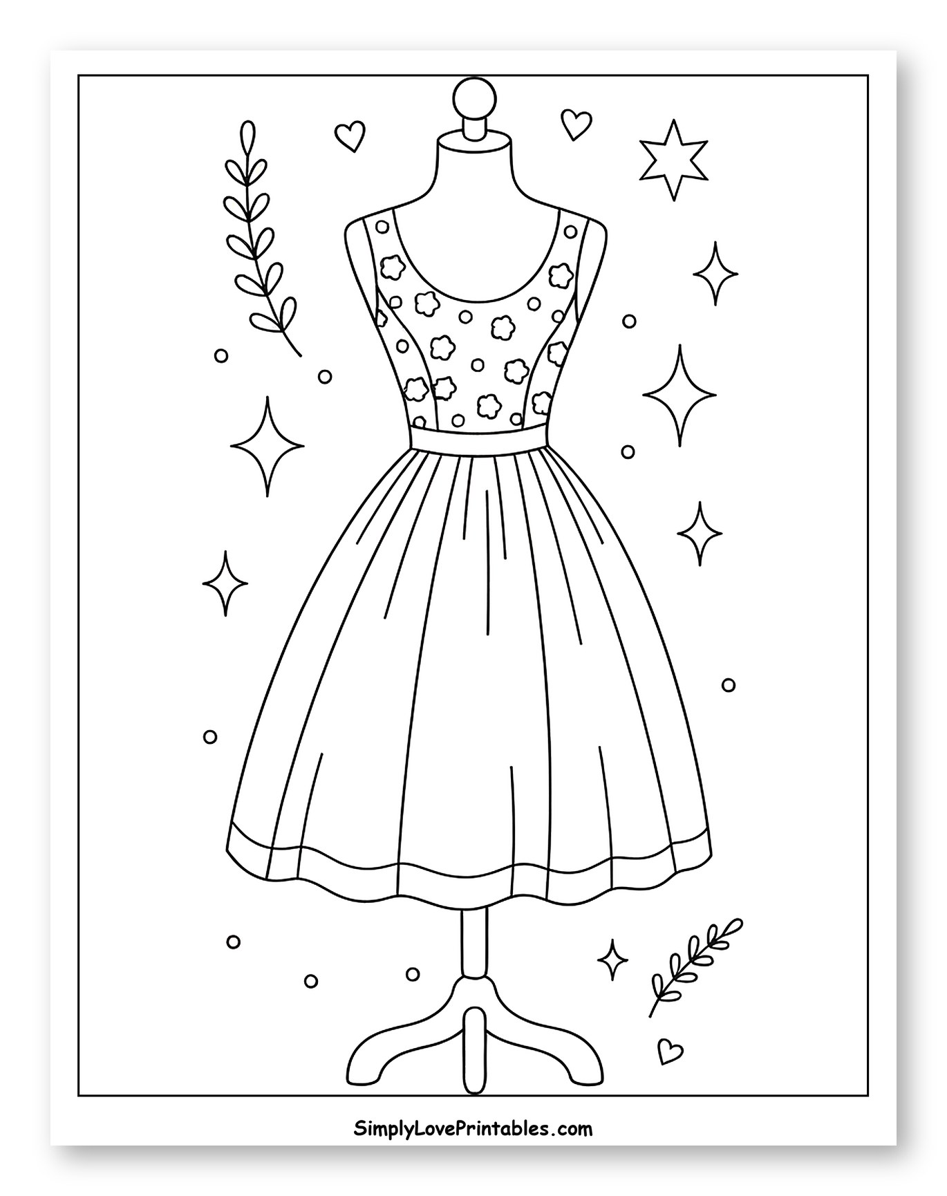 Elegant Floral Dress on Mannequin with Sparkles Coloring Page for Adults