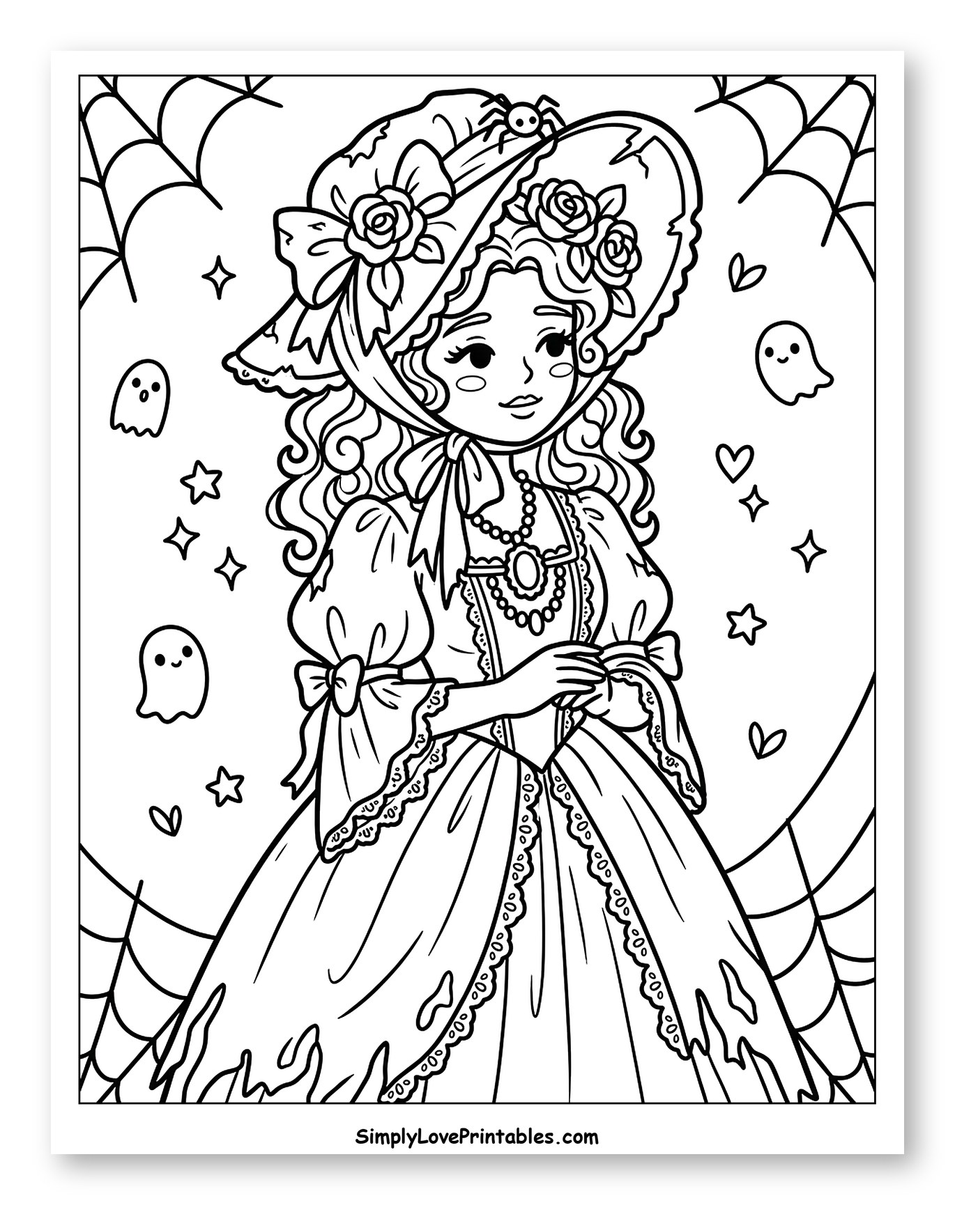 Elegant Girl in Spooky Victorian Halloween Dress Coloring Page for Adults
