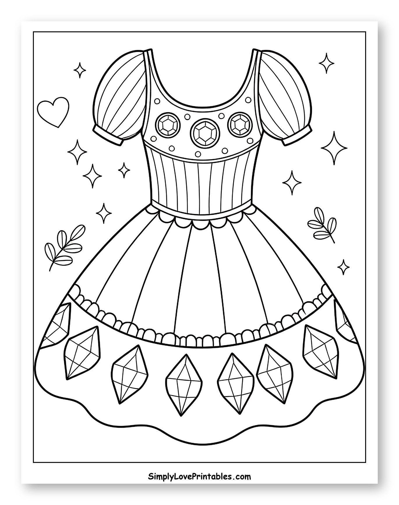Elegant Gown with Jewels and Sparkles Coloring Page for Adults