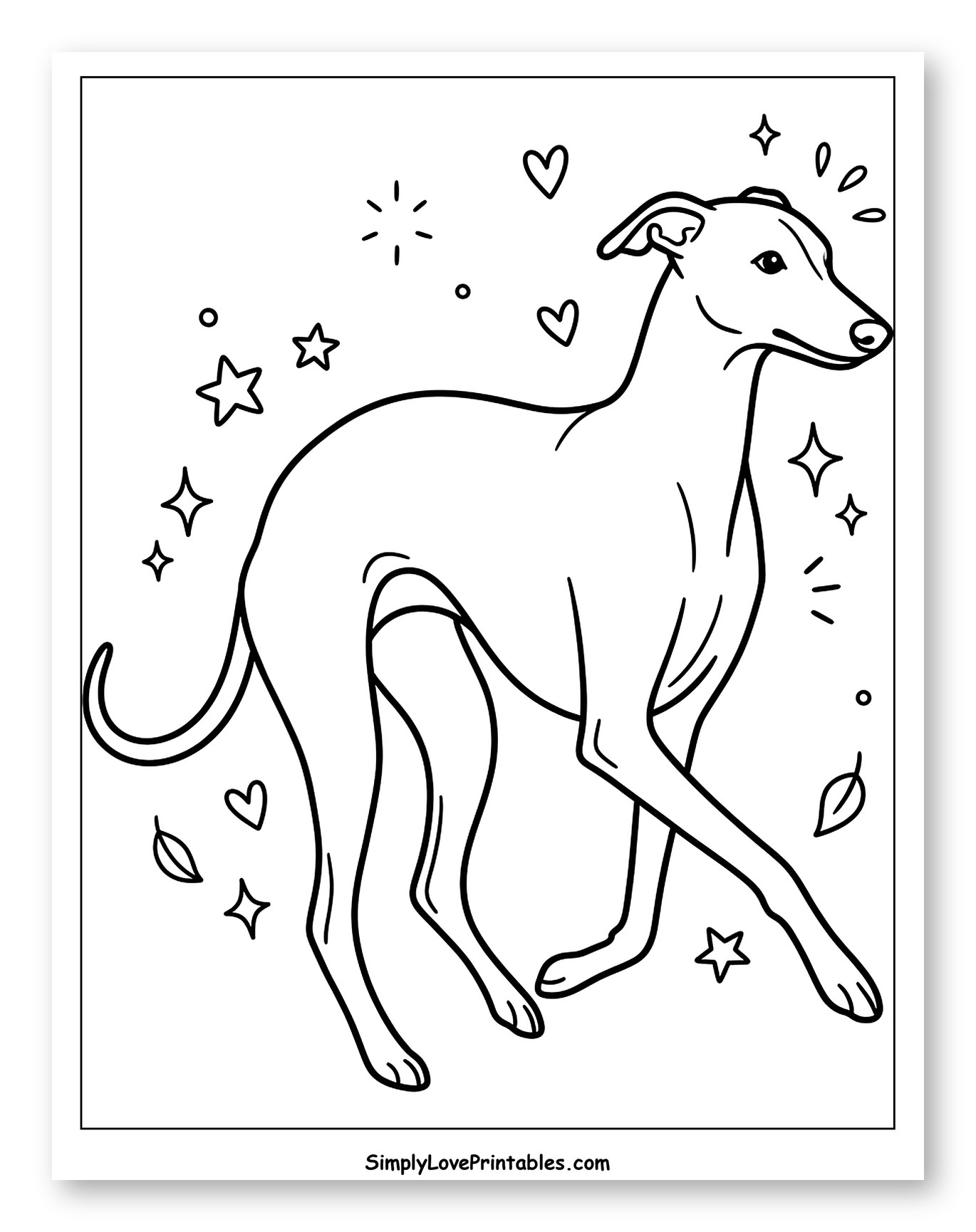 Elegant Greyhound Dog with Sparkles and Hearts Coloring Page for Adults