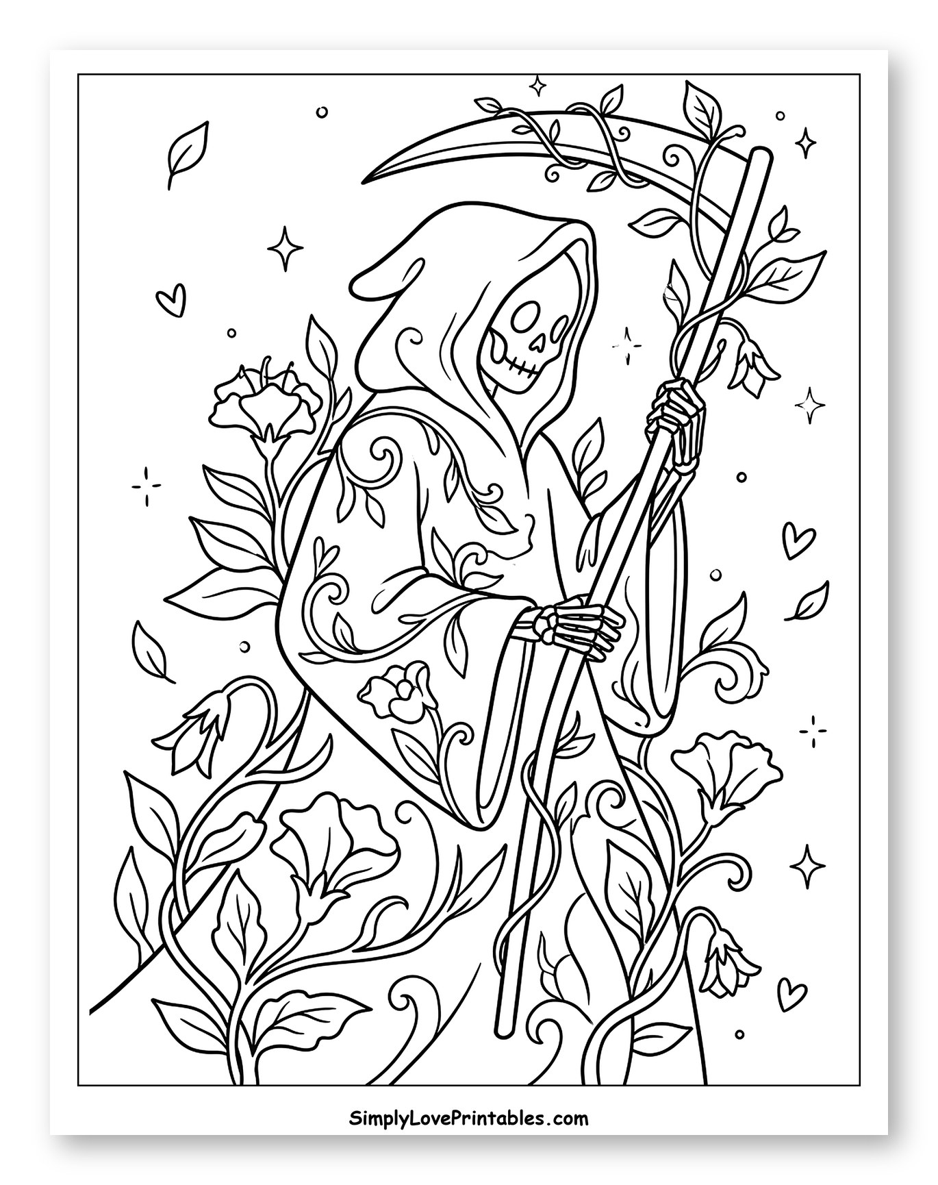 Elegant Grim Reaper Surrounded by Flowers