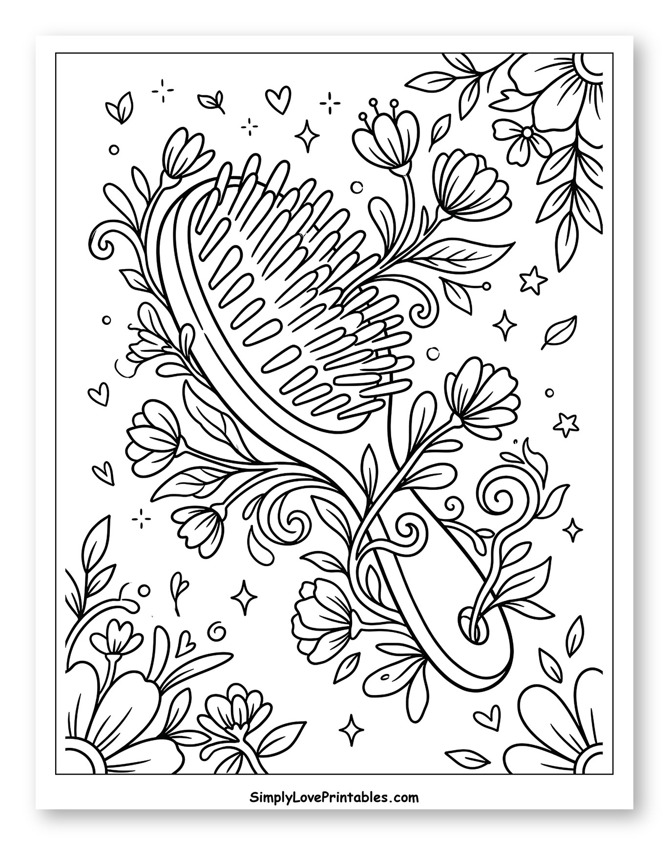 Elegant Hair Brush with Whimsical Flowers Coloring Sheet for Adults