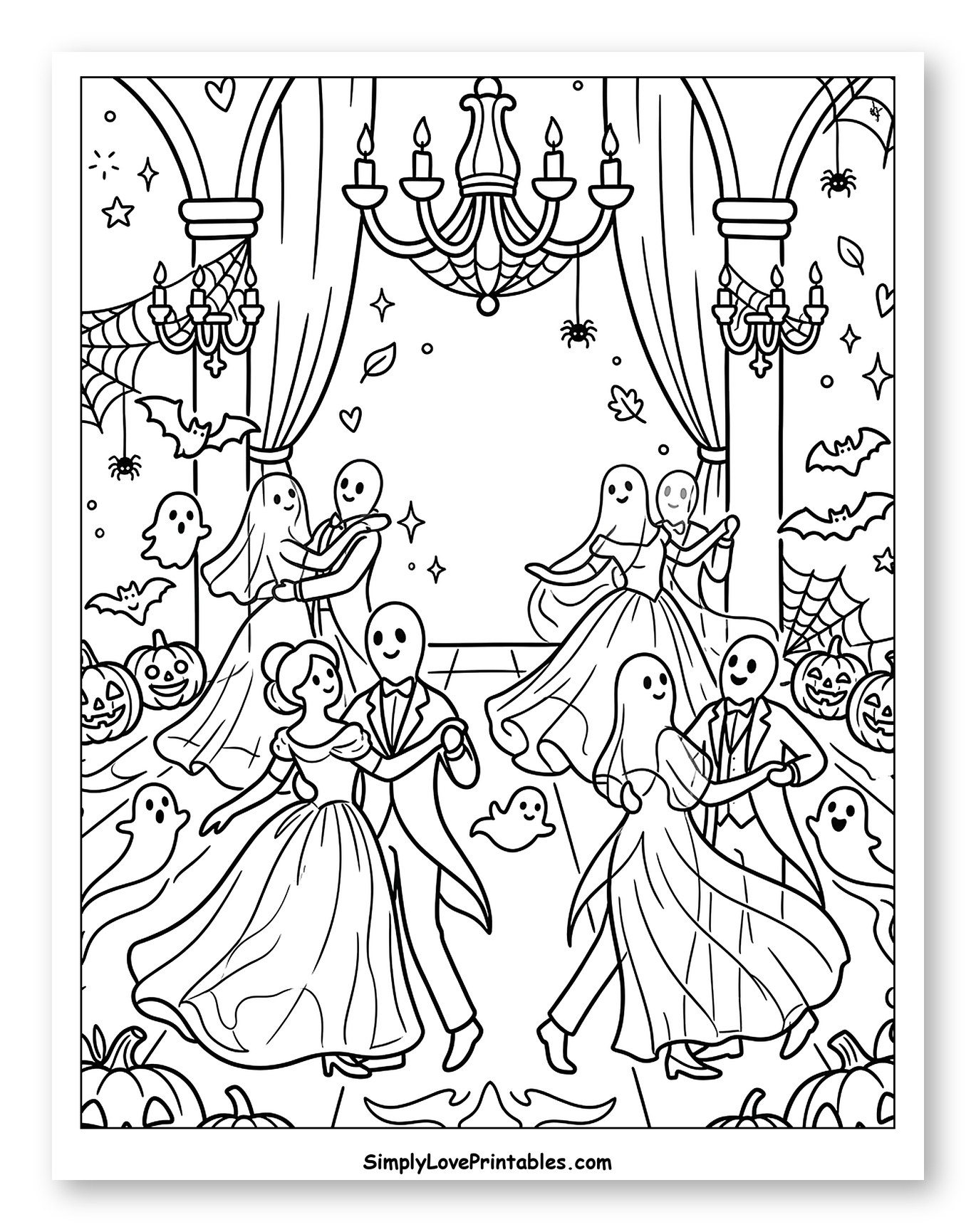 Elegant Halloween Costume Ball with Dancing Ghosts Coloring Sheet for Adults