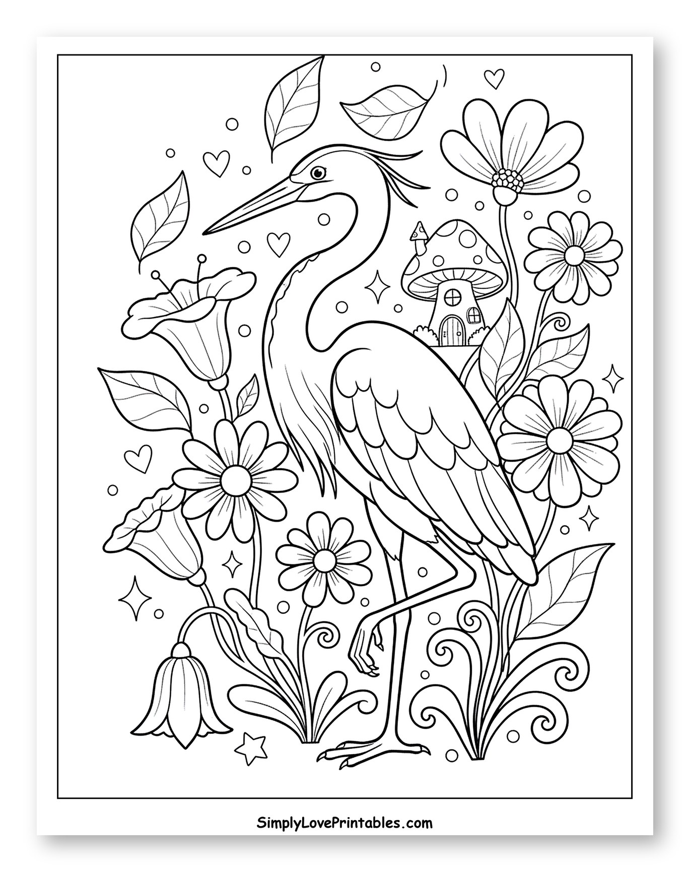 Elegant Heron in a Whimsical Garden Coloring Sheet for Adults