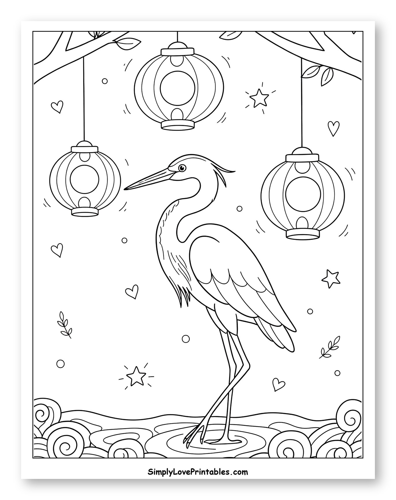Elegant Heron Standing Amidst Lanterns