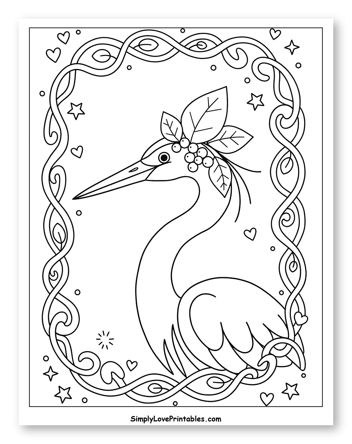 Elegant Heron with Berries and Decorative Border