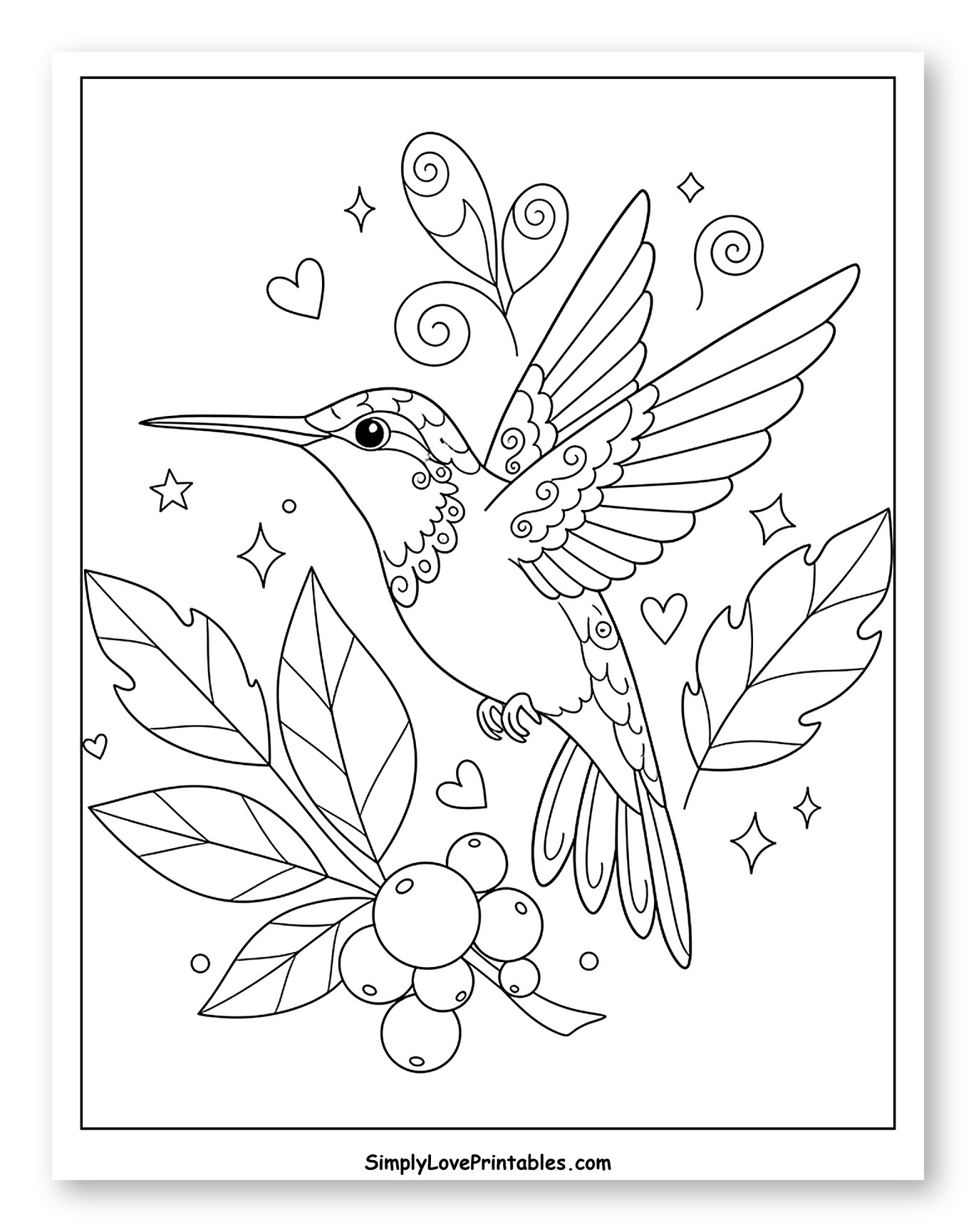 Elegant Hummingbird with Berries and Decorative Elements Coloring Sheet for Adults