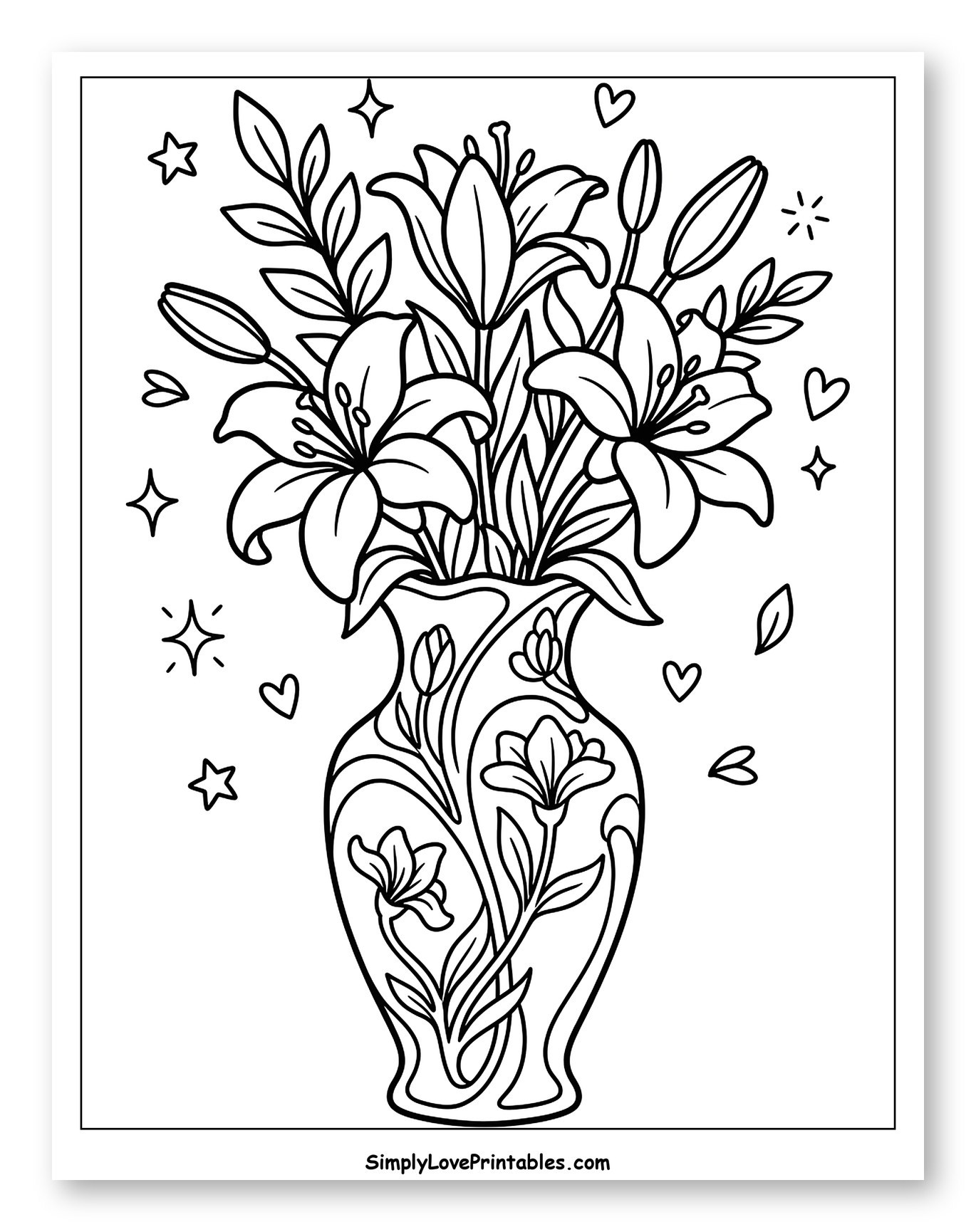 Elegant Lilies in a Decorative Vase Coloring Sheet for Adults