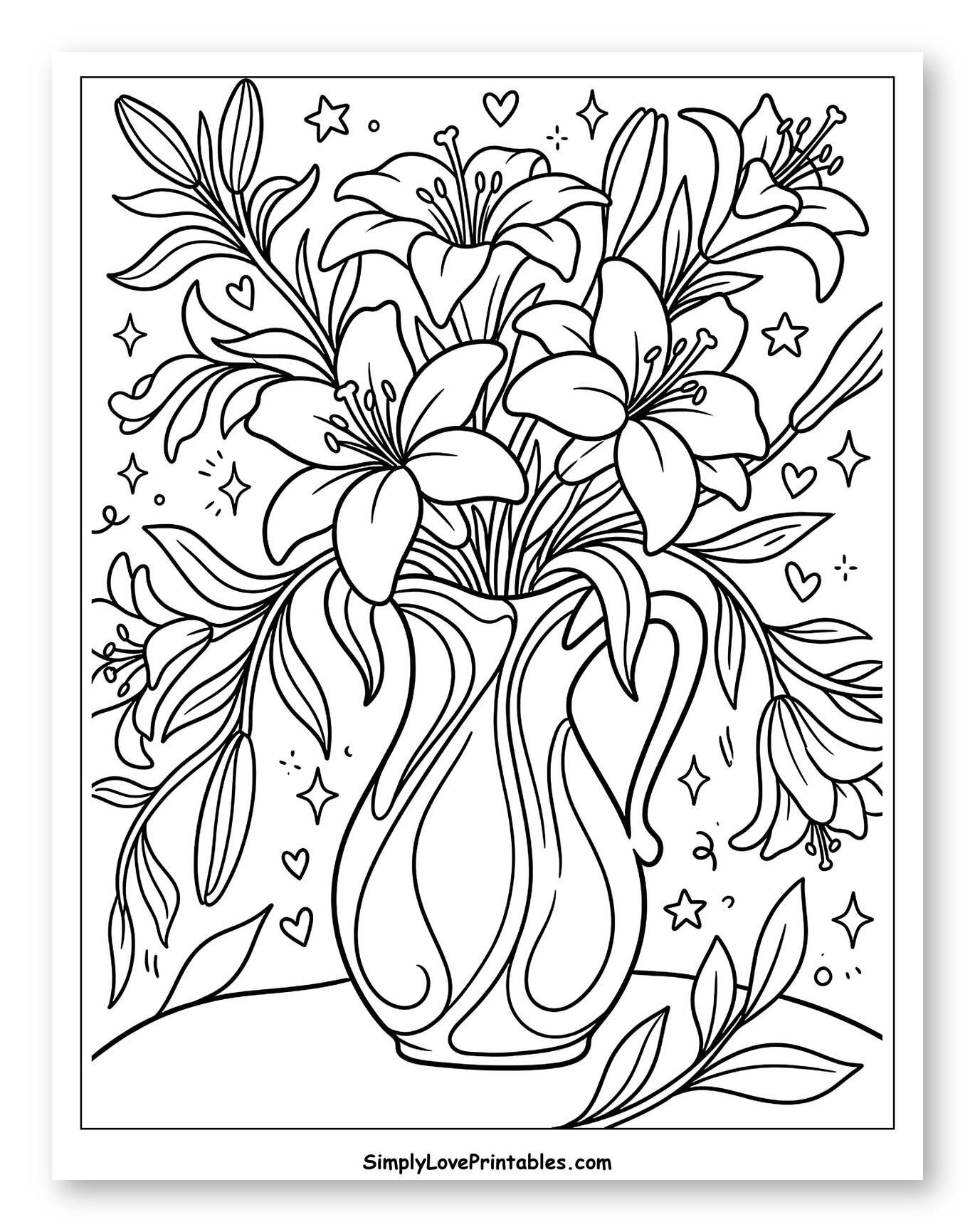 Elegant Lilies in a Swirly Vase Coloring Sheet for Adults