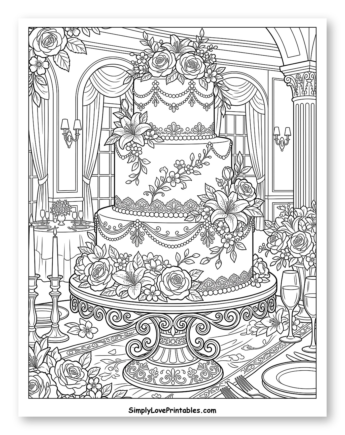 Elegant Multi-Tiered Wedding Cake with Flowers Coloring Page