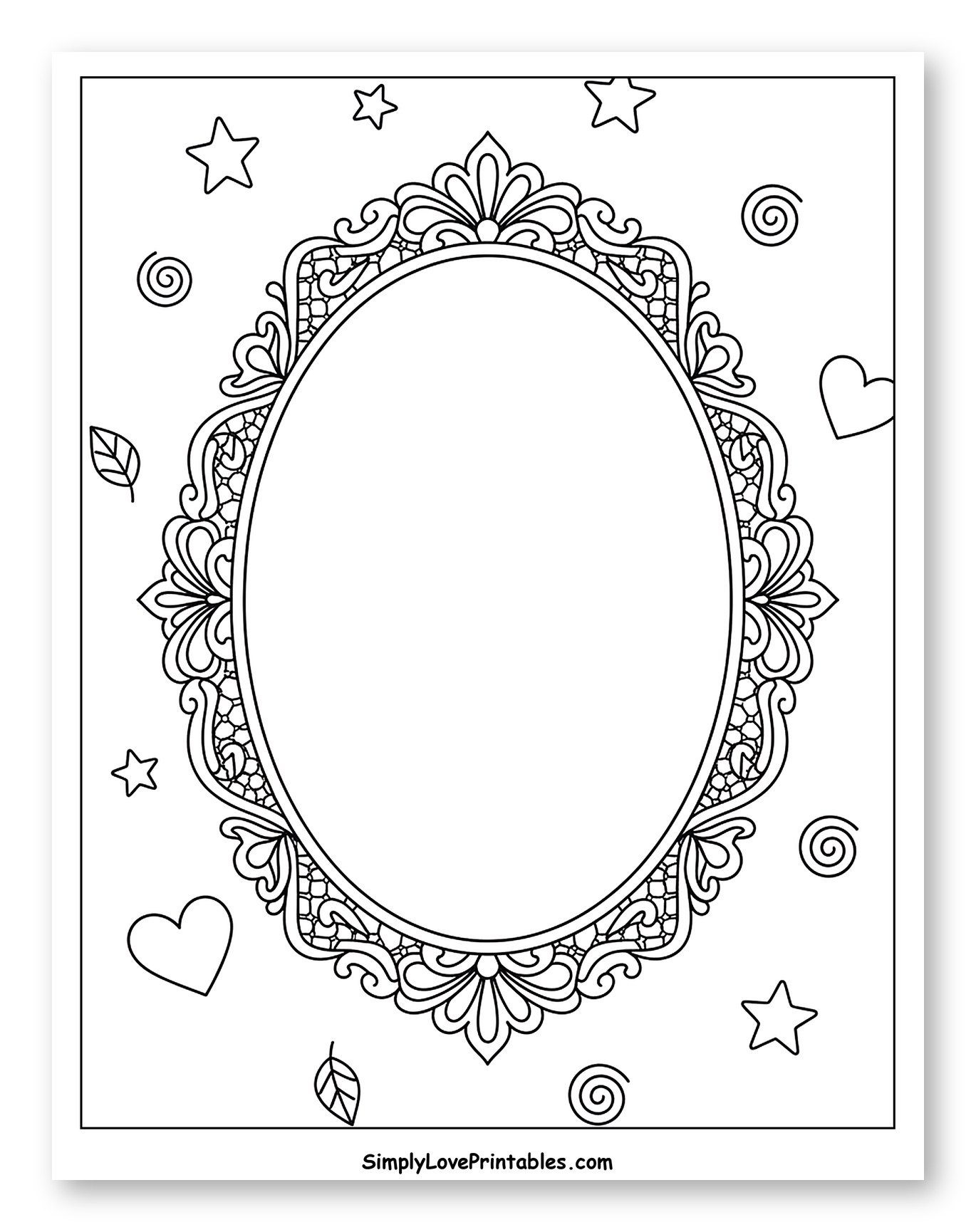 Elegant Oval Frame with Whimsical Elements Coloring Page for Adults