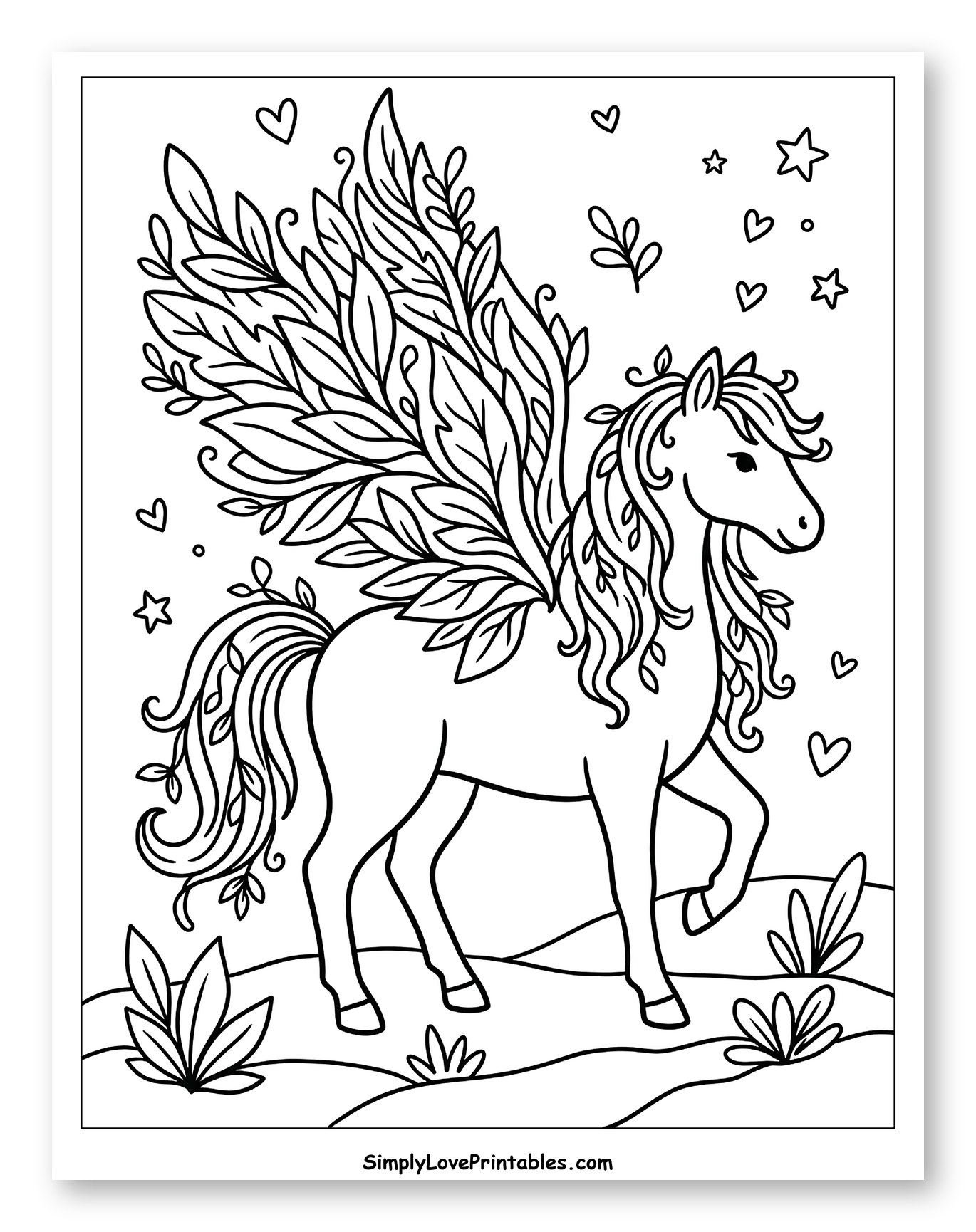 Elegant Pegasus with Nature-Inspired Wings Coloring Page for Adults
