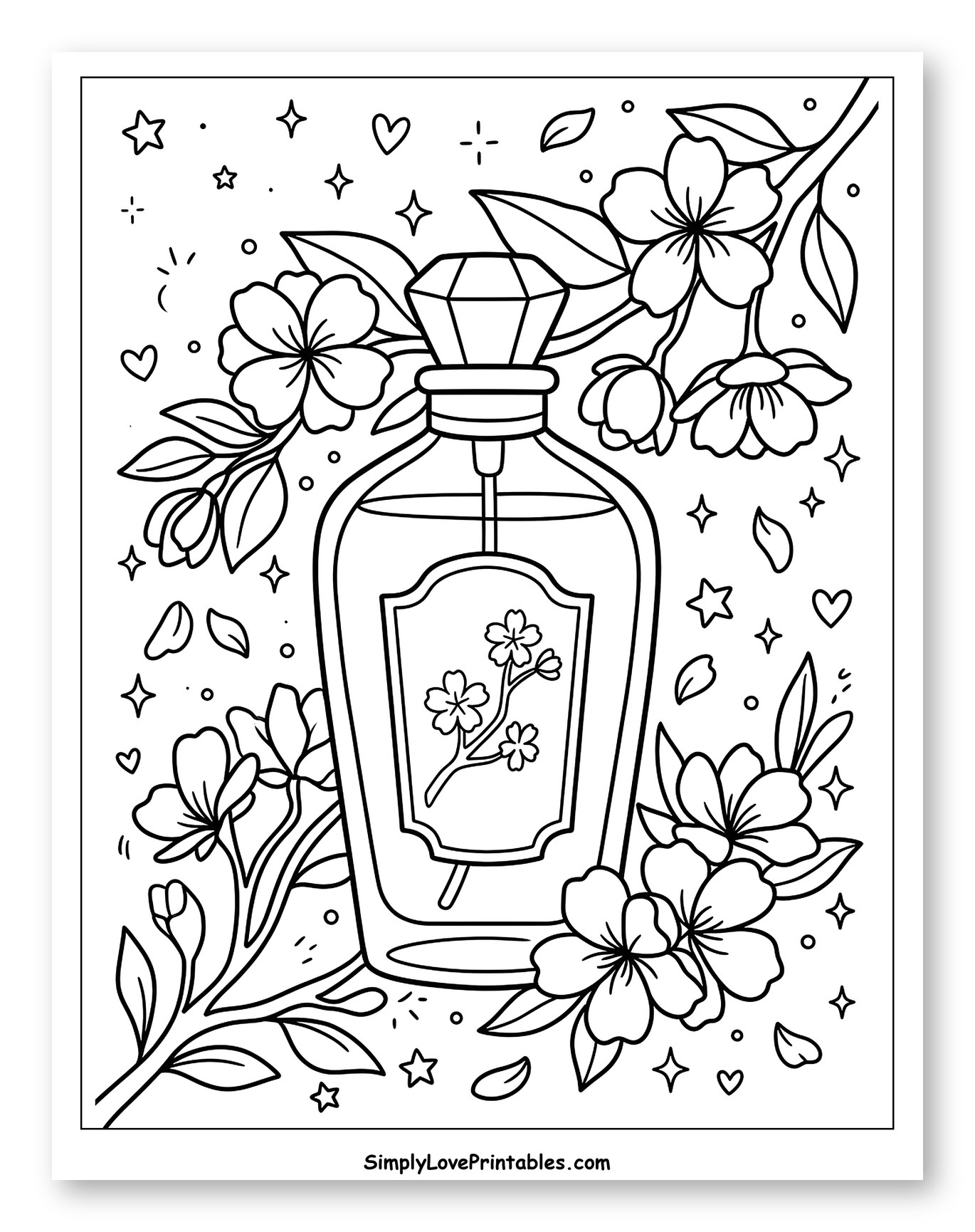 Elegant Perfume Bottle and Blooming Flowers Coloring Page for Adults