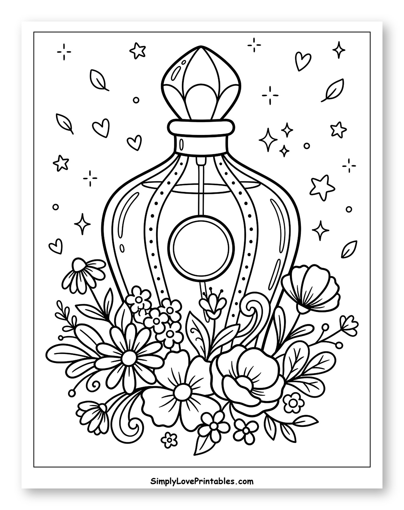 Elegant Perfume Bottle with Beautiful Flowers Coloring Page for Adults