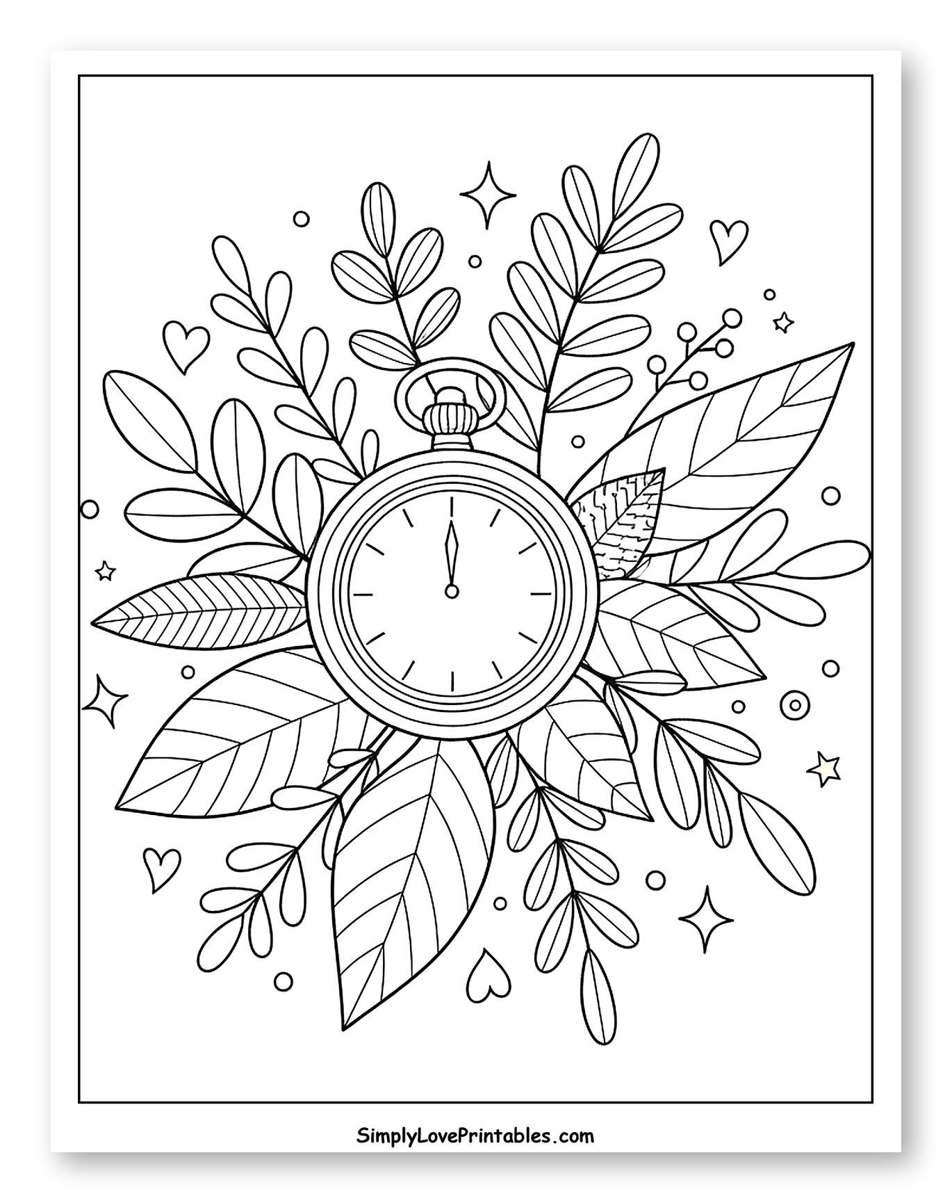 Elegant Pocket Watch with Botanical Elements Coloring Page for Adults
