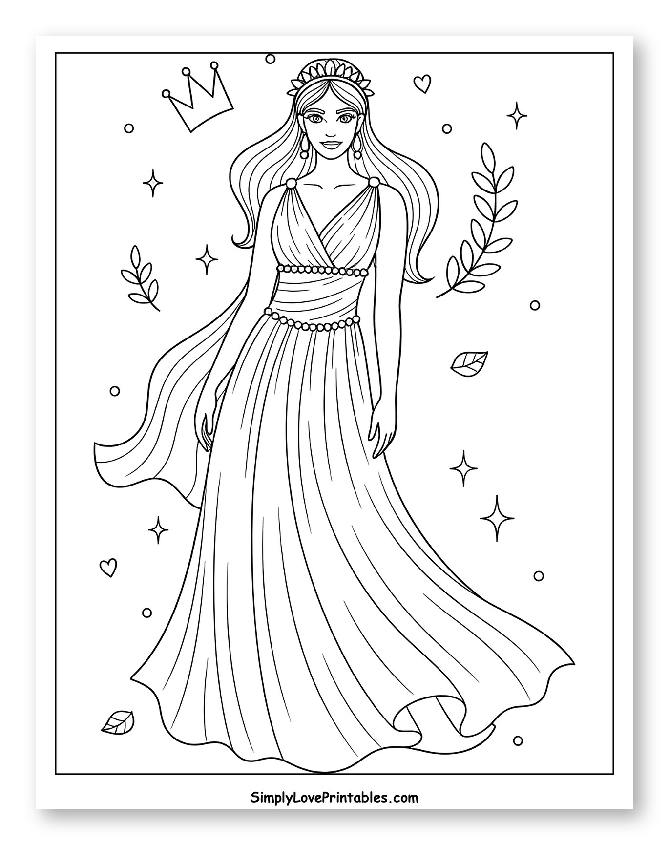Elegant Princess in a Flowing Gown to Color for Adults