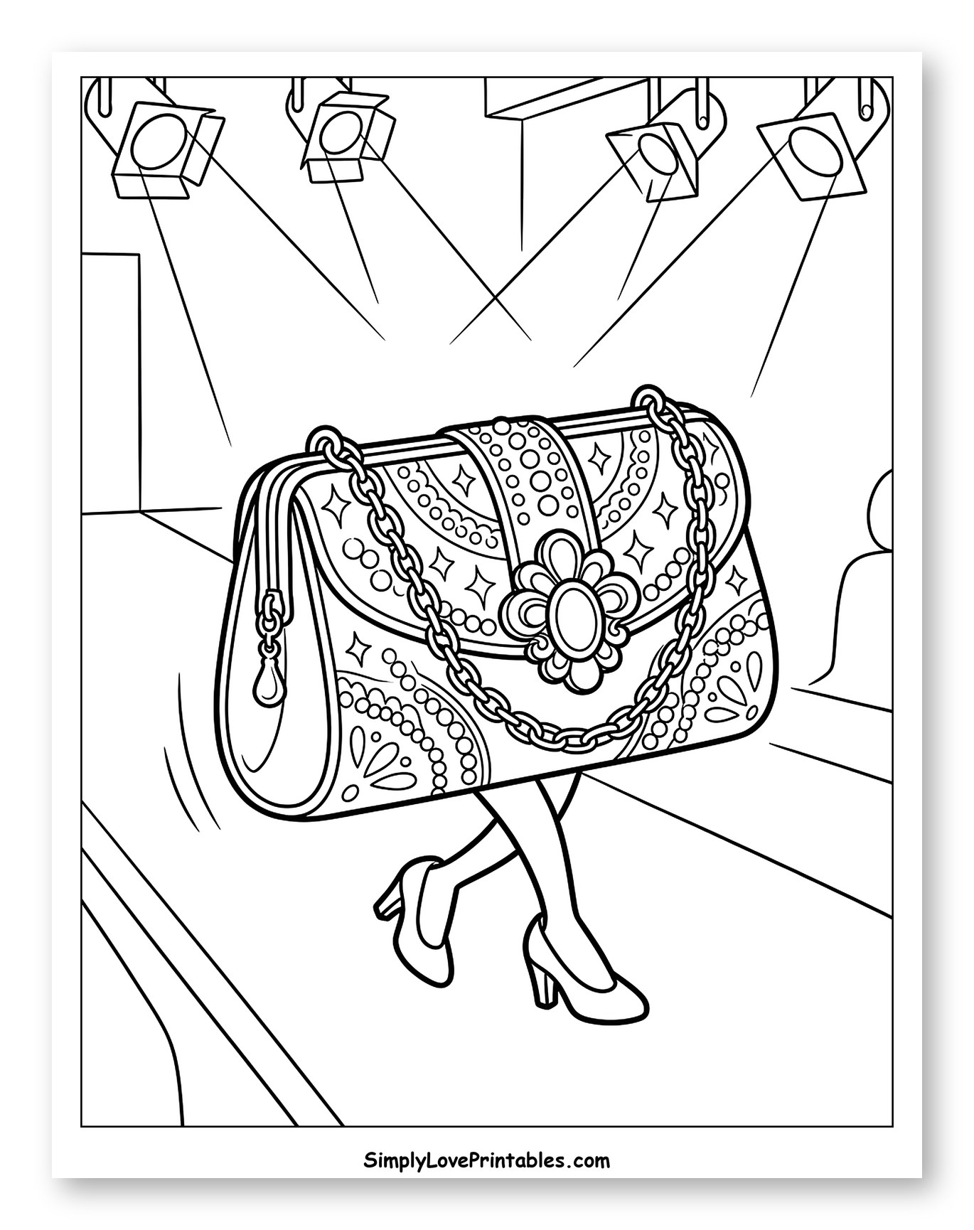 Elegant Purse Strutting on a Runway Coloring Sheet for Kids