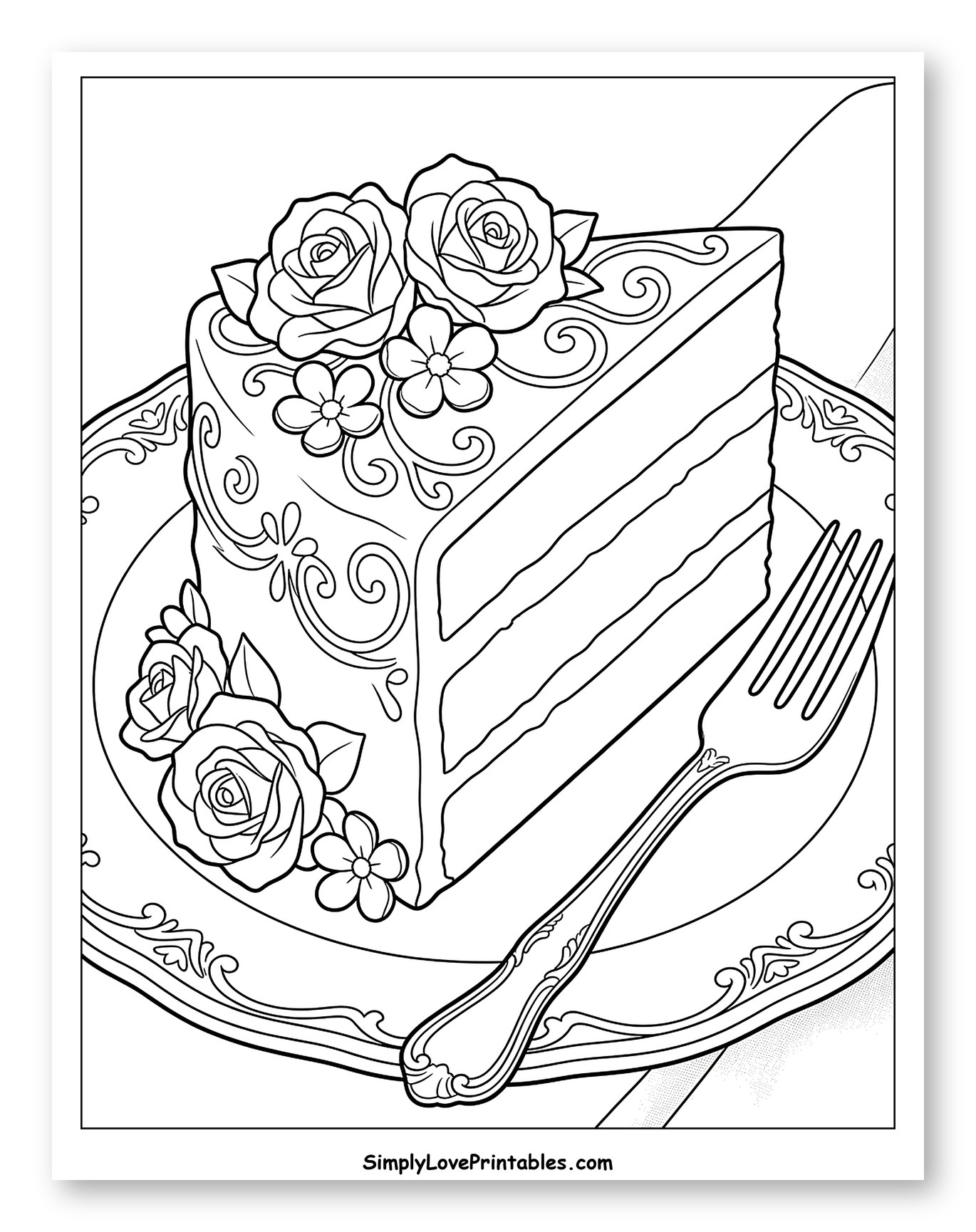 Elegant Slice of Cake with Roses Coloring Page