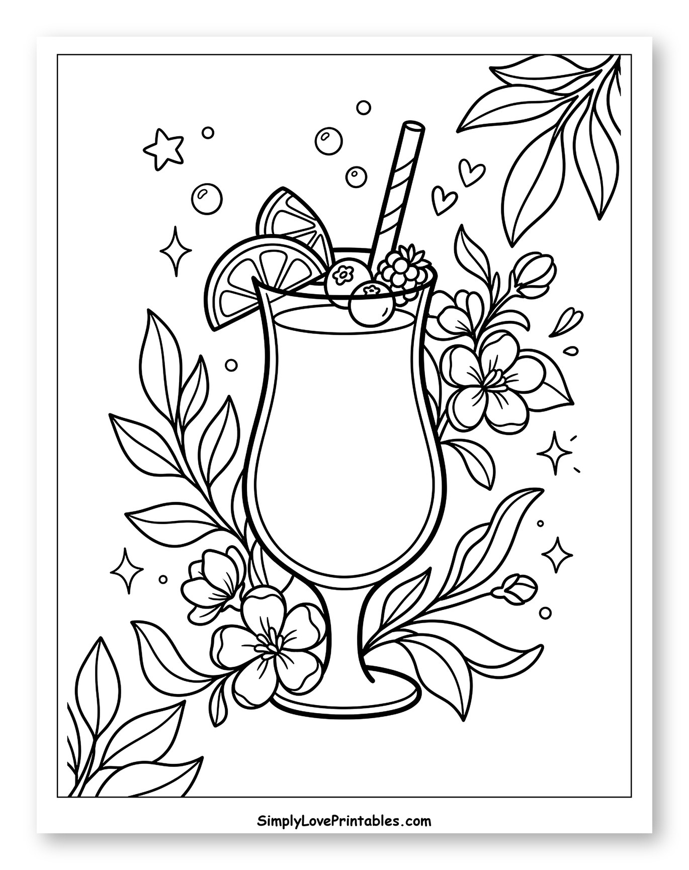 Elegant Summer Drink with Fruits and Flowers Coloring Sheet for Adults