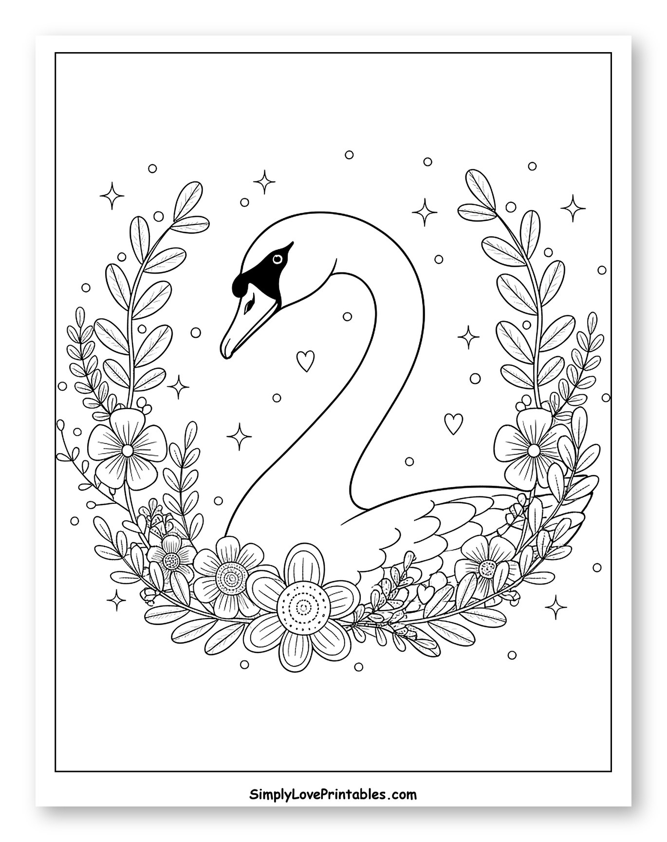 Elegant Swan in Floral Wreath Coloring Page for Adults