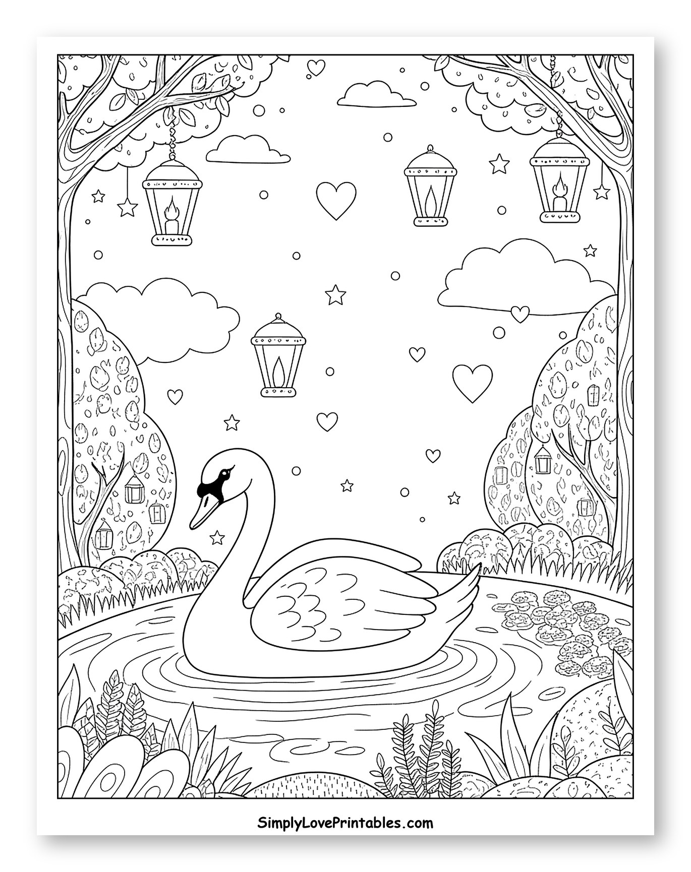 Elegant Swan in Forest Pond with Lanterns