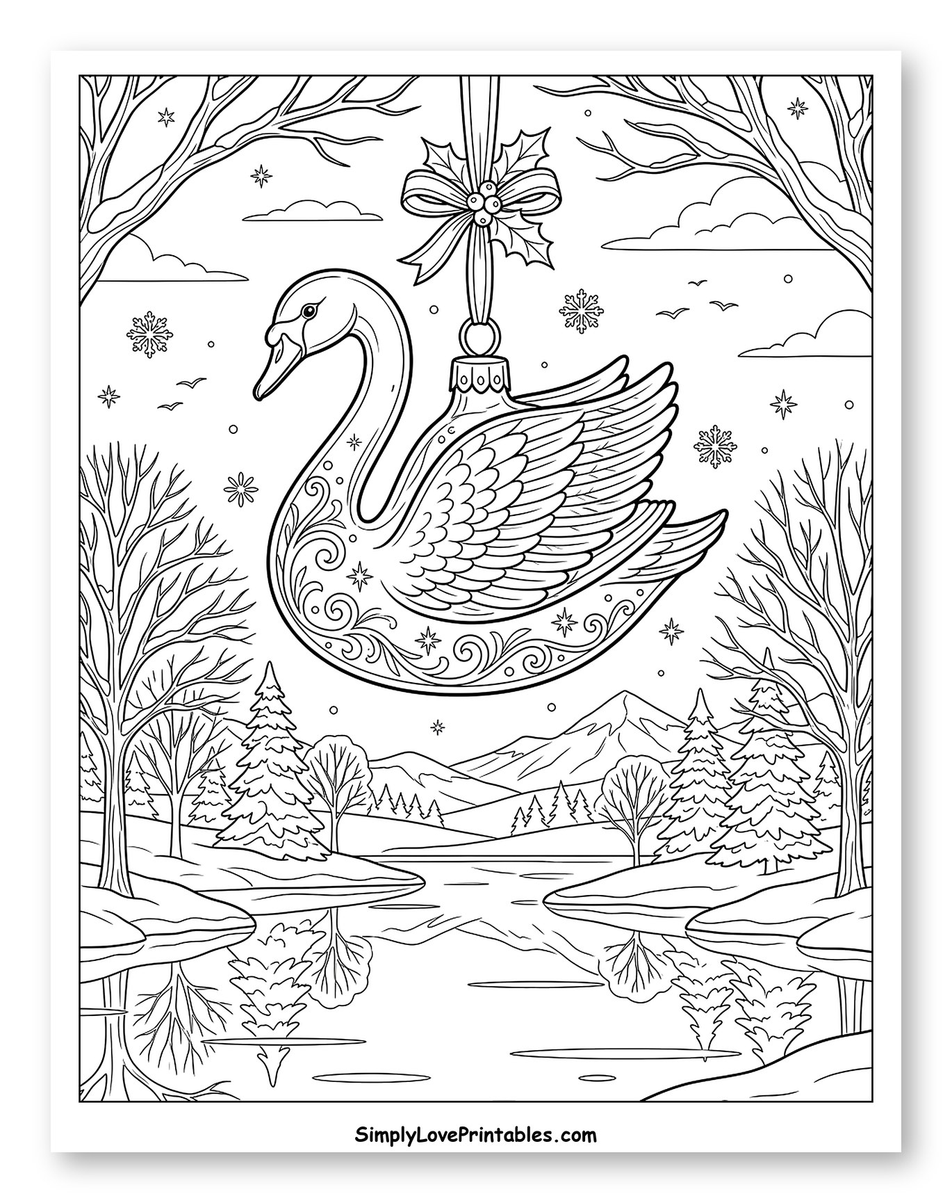 Elegant Swan Ornament Hanging Over Wintry Lake Coloring Sheet