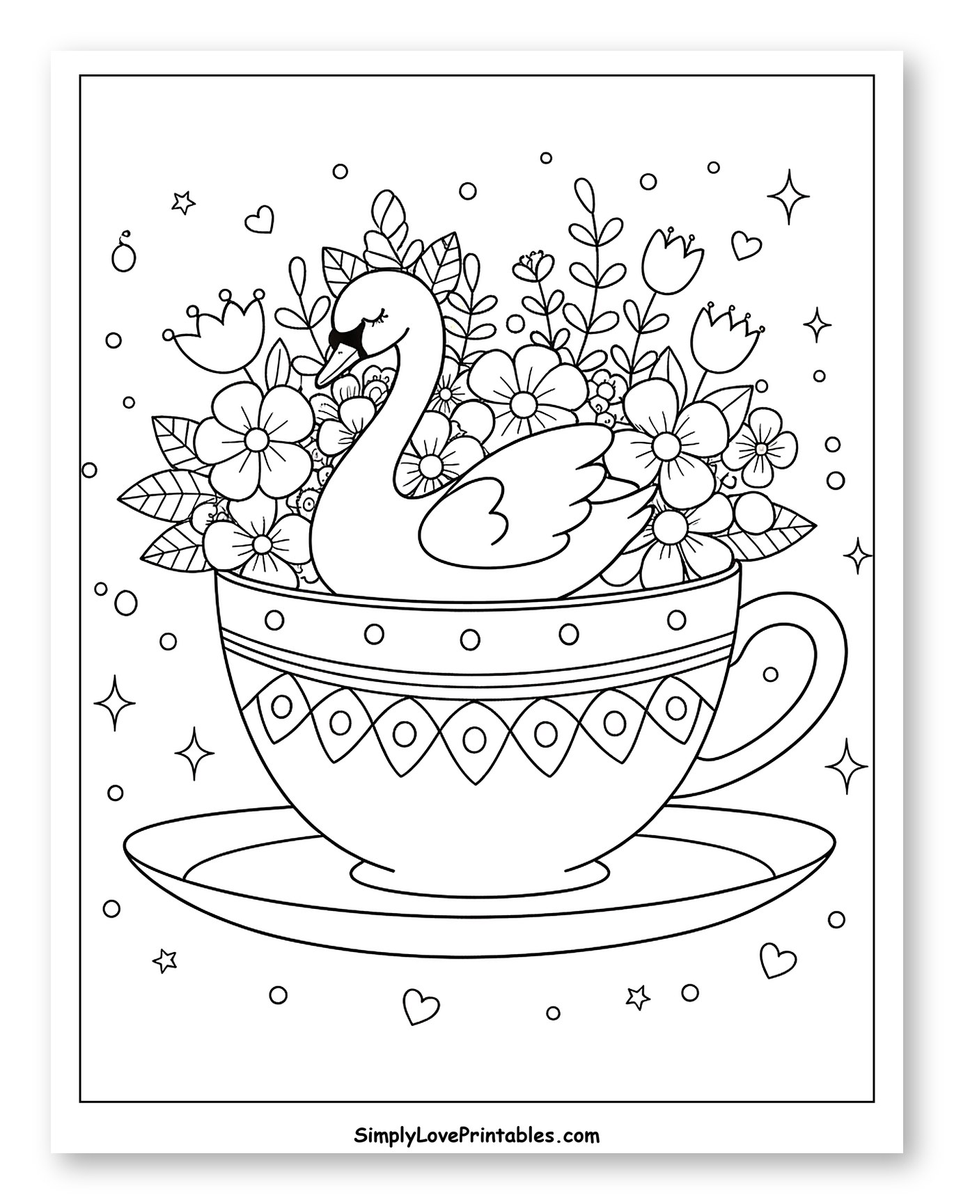 Elegant Swan Surrounded by Flowers in a Teacup Coloring Sheet for Adults