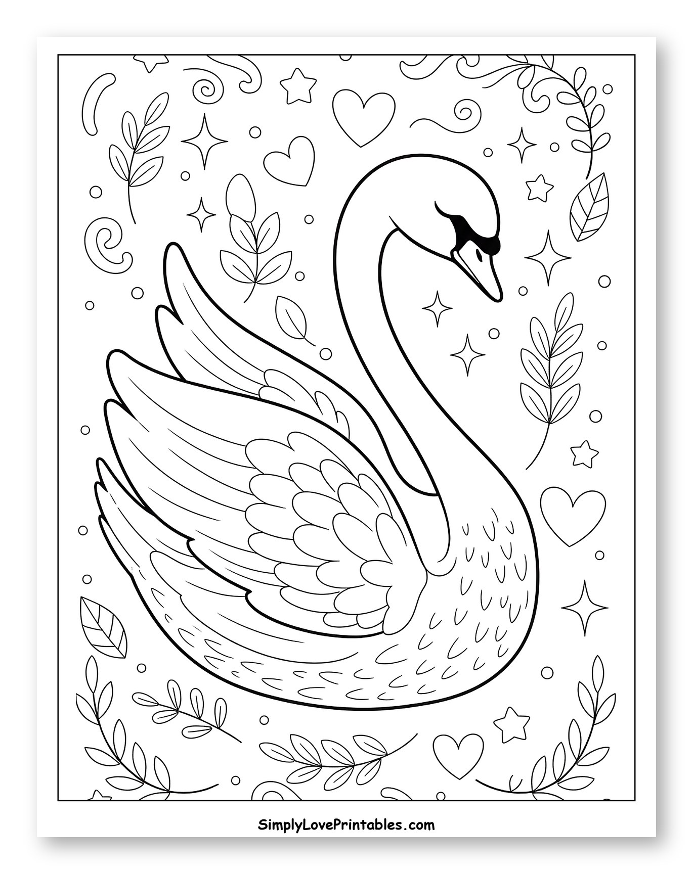 Elegant Swan Surrounded by Hearts and Stars
