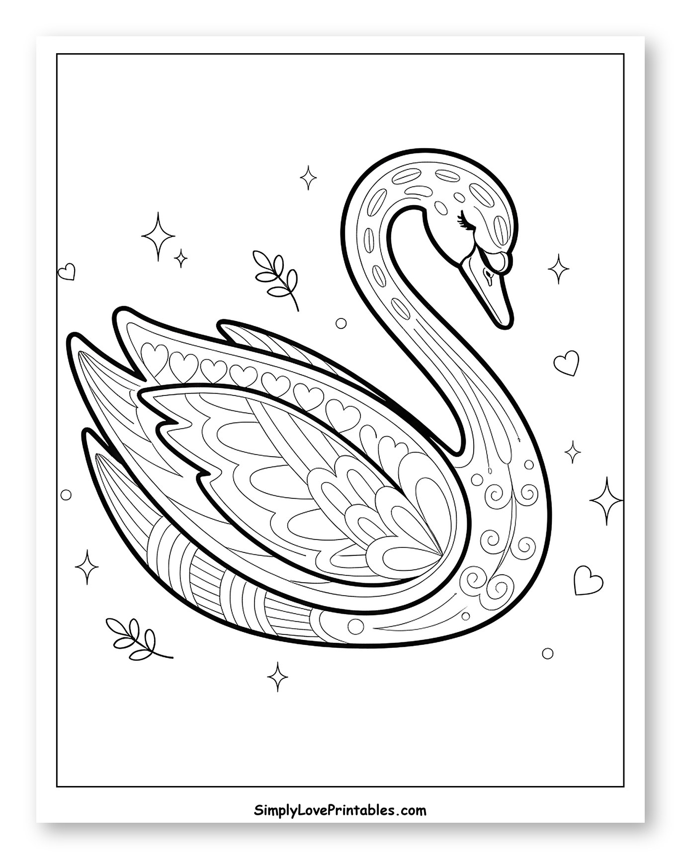 Elegant Swan with Decorative Feathers Coloring Sheet for Adults