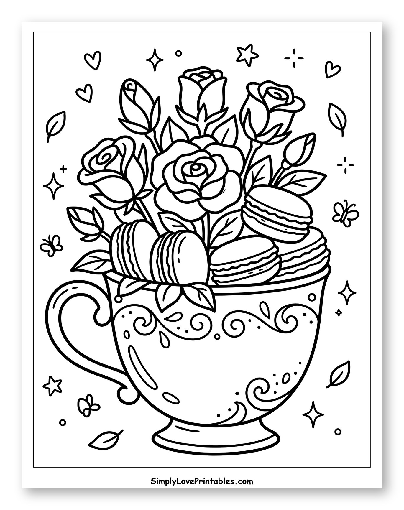 Elegant Teacup with Roses and Macarons to Color for Adults