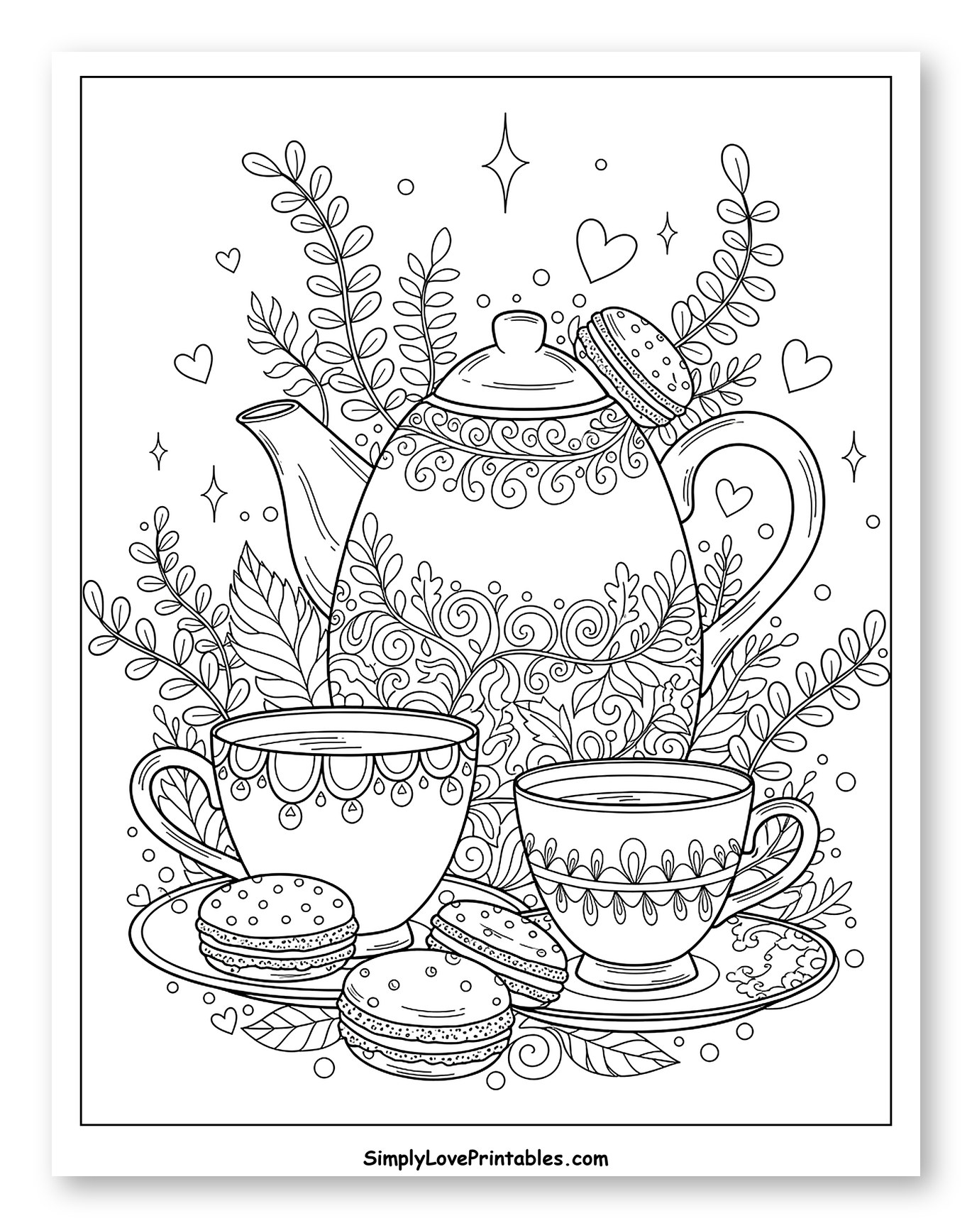 Elegant Teapot and Tea Cups with Macarons Coloring Sheet for Adults