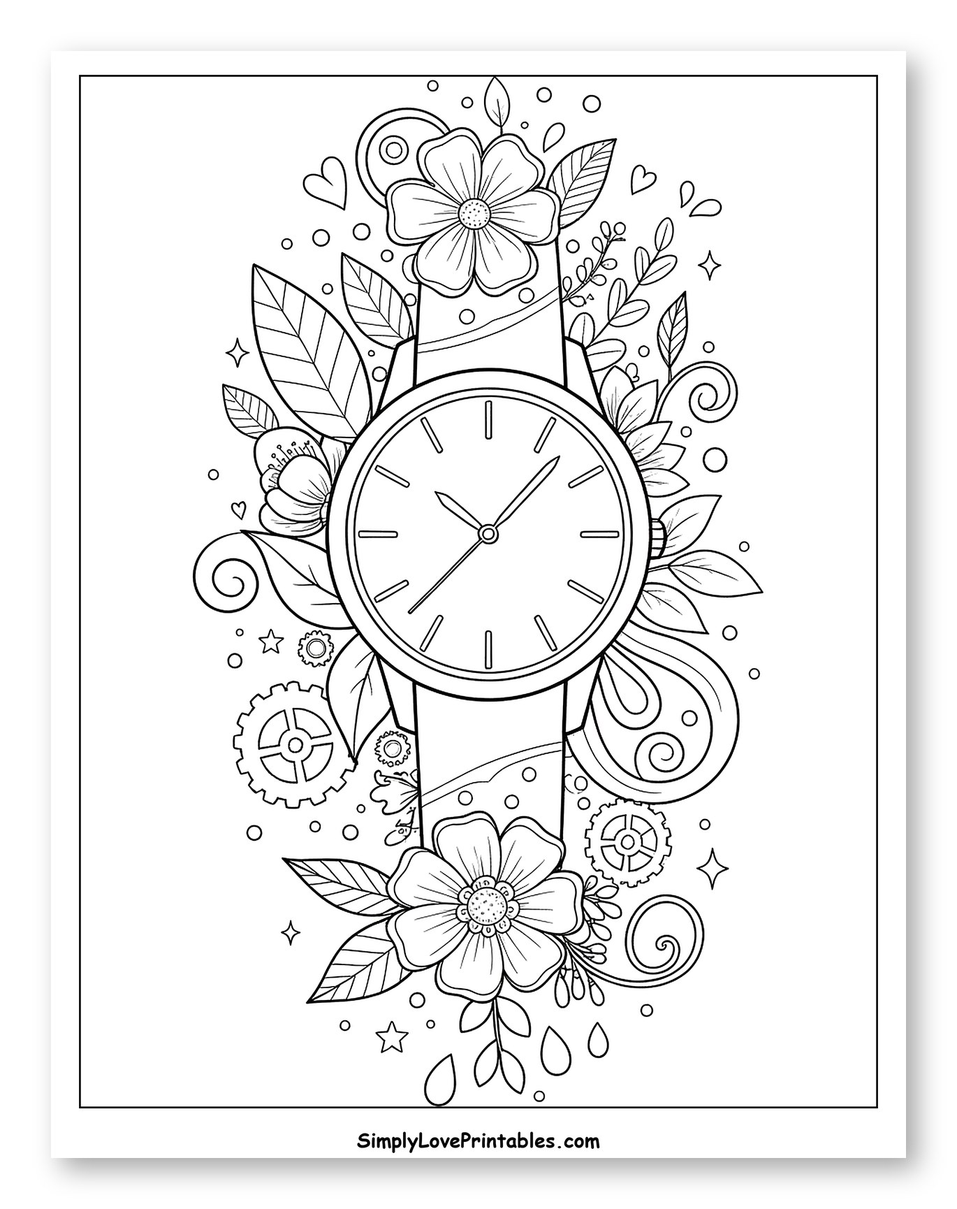 Elegant Watch with Blooming Flowers and Gears Coloring Sheet for Adults