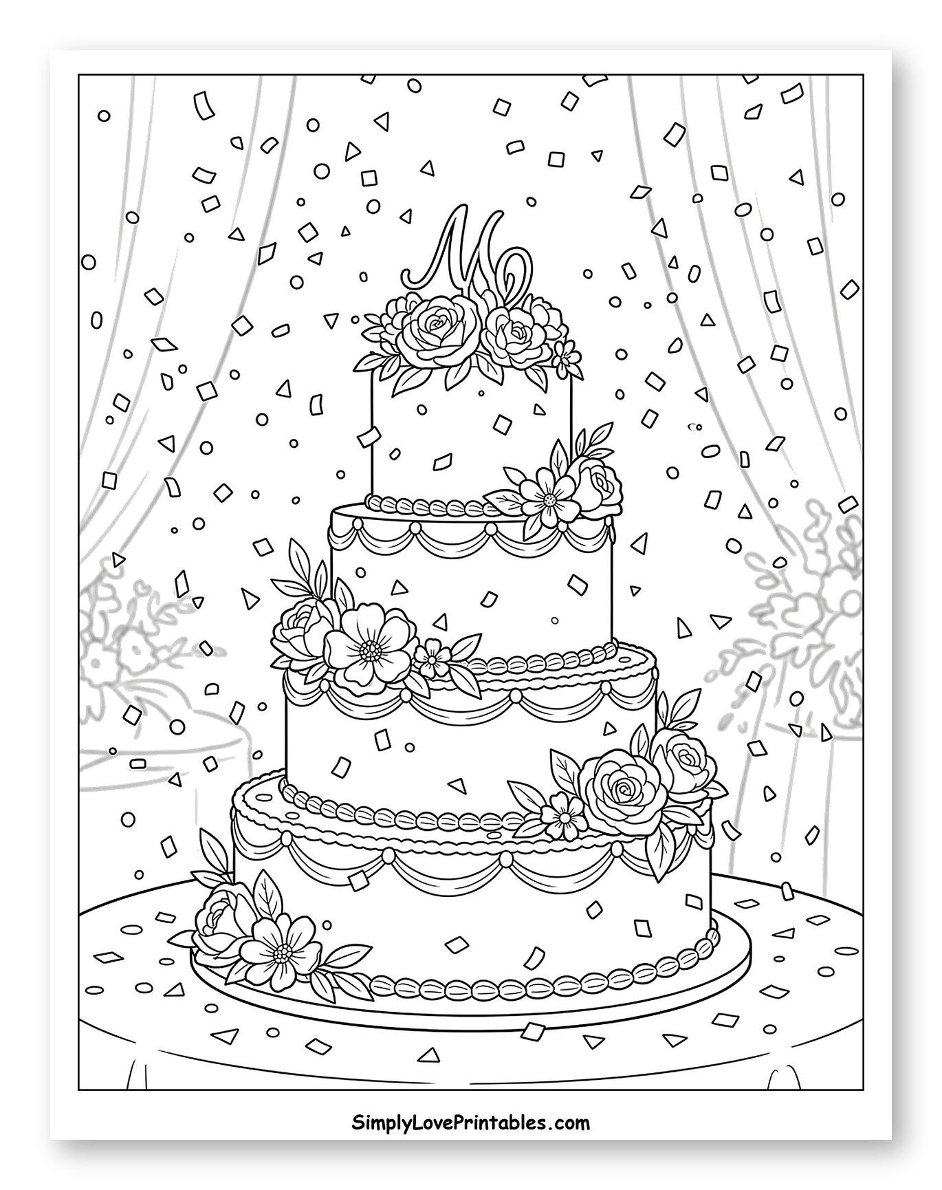 Elegant Wedding Cake with Confetti and Flowers Coloring Page