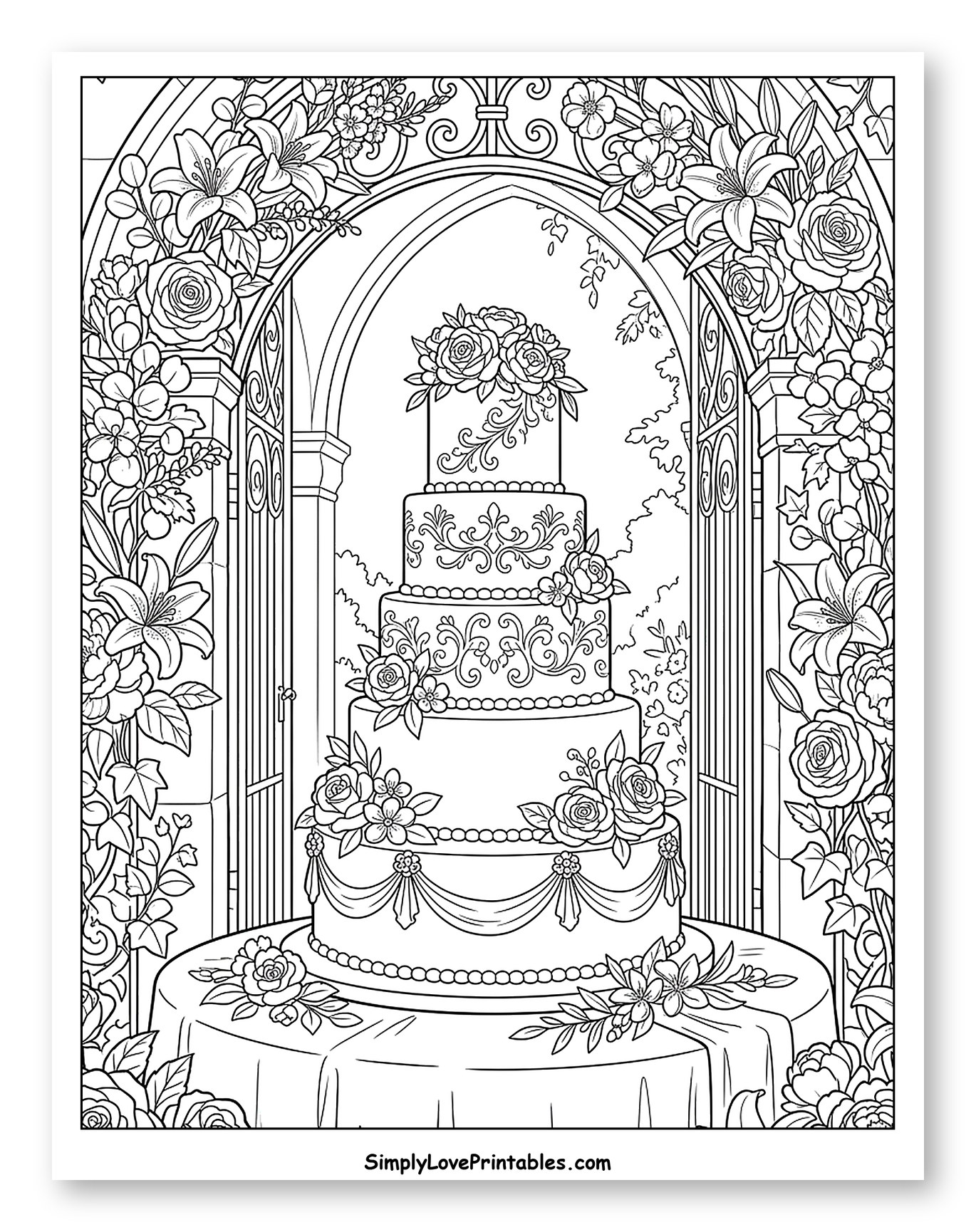 Elegant Wedding Cake with Floral Archway