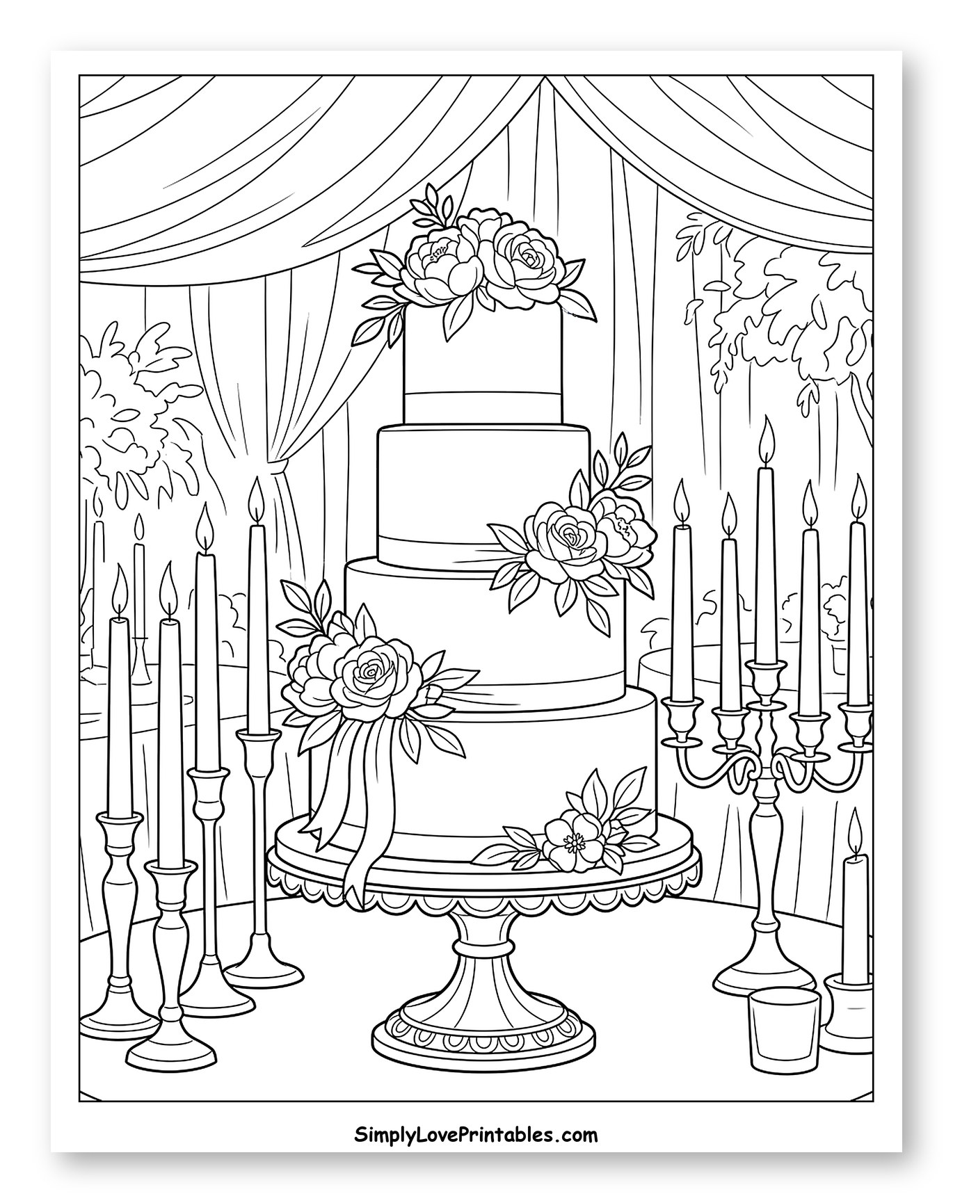 Elegant Wedding Cake with Flowers and Candles to Color