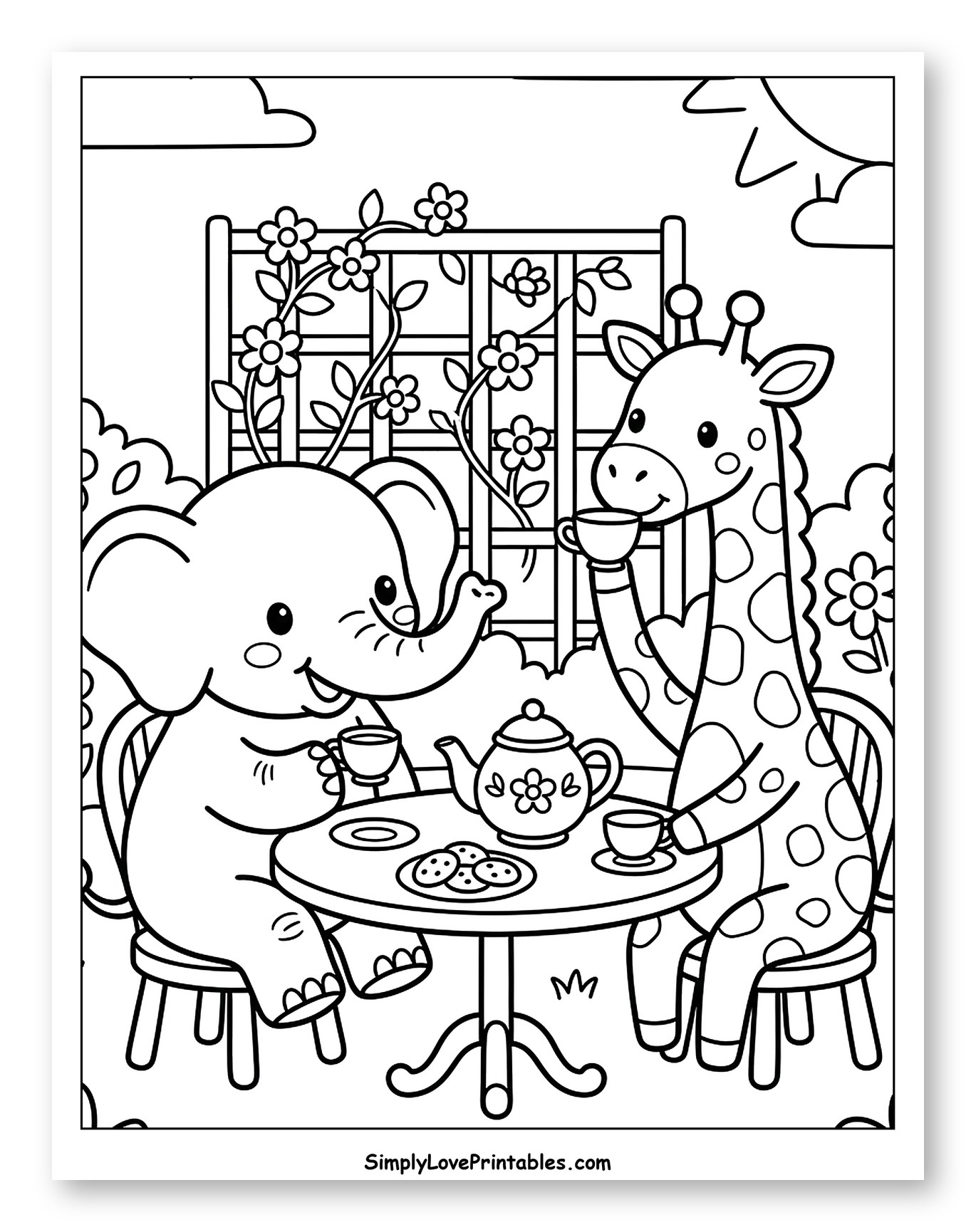 Elephant and Giraffe's Charming Garden Tea Party Coloring Page for Kids