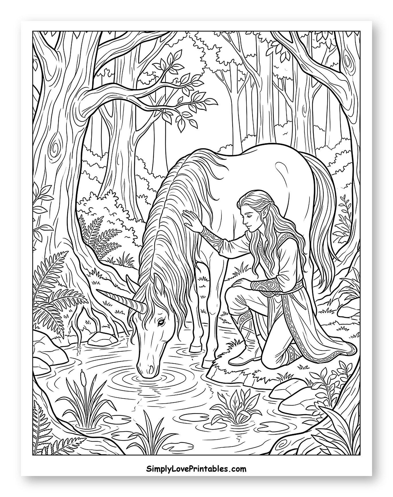 Elf and Unicorn at a Forest Stream