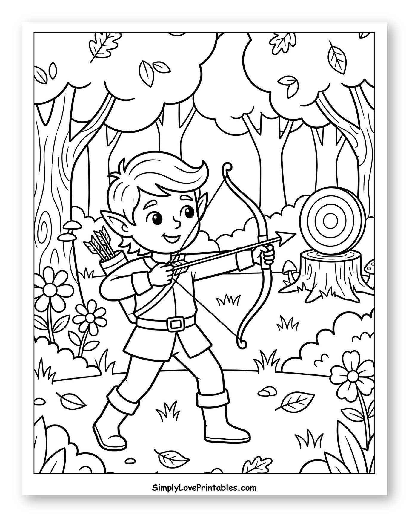 Elf Archer in a Forest Aiming at Target to Color for Kids