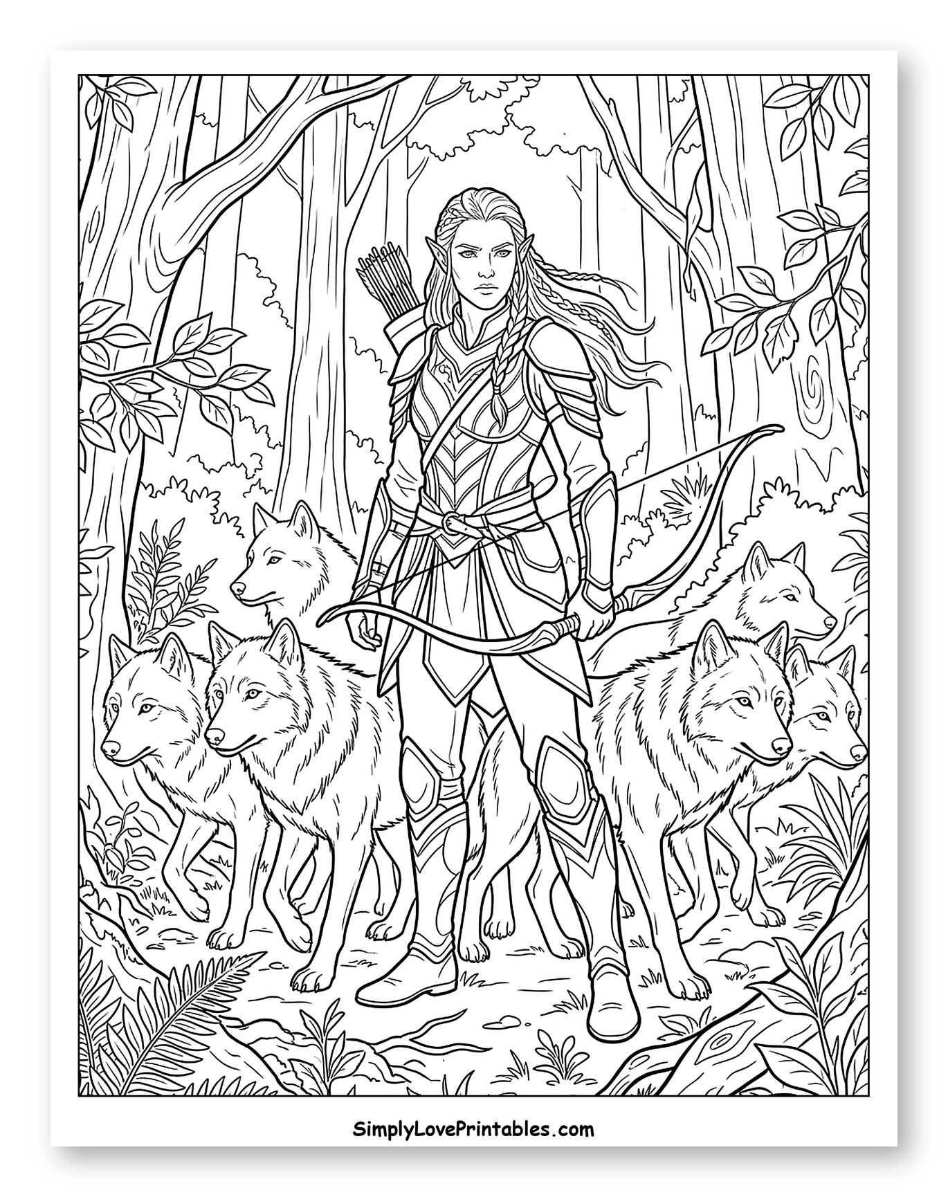Elf Archer with Her Wolf Pack