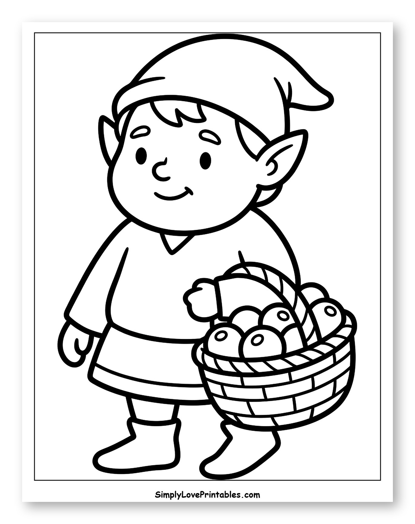 Elf Carrying Basket of Apples to Color for Toddlers